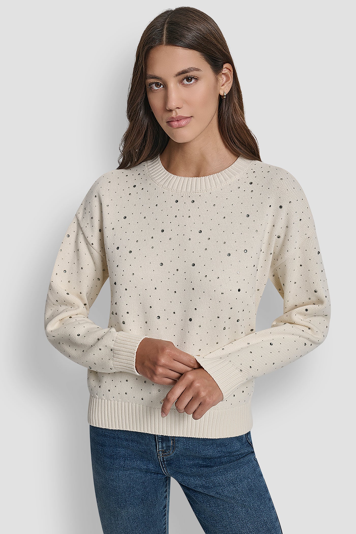 EGGNOG LONG SLEEVE RHINESTONE CREW NECK SWEATER, FRONT VIEW | New Arrivals