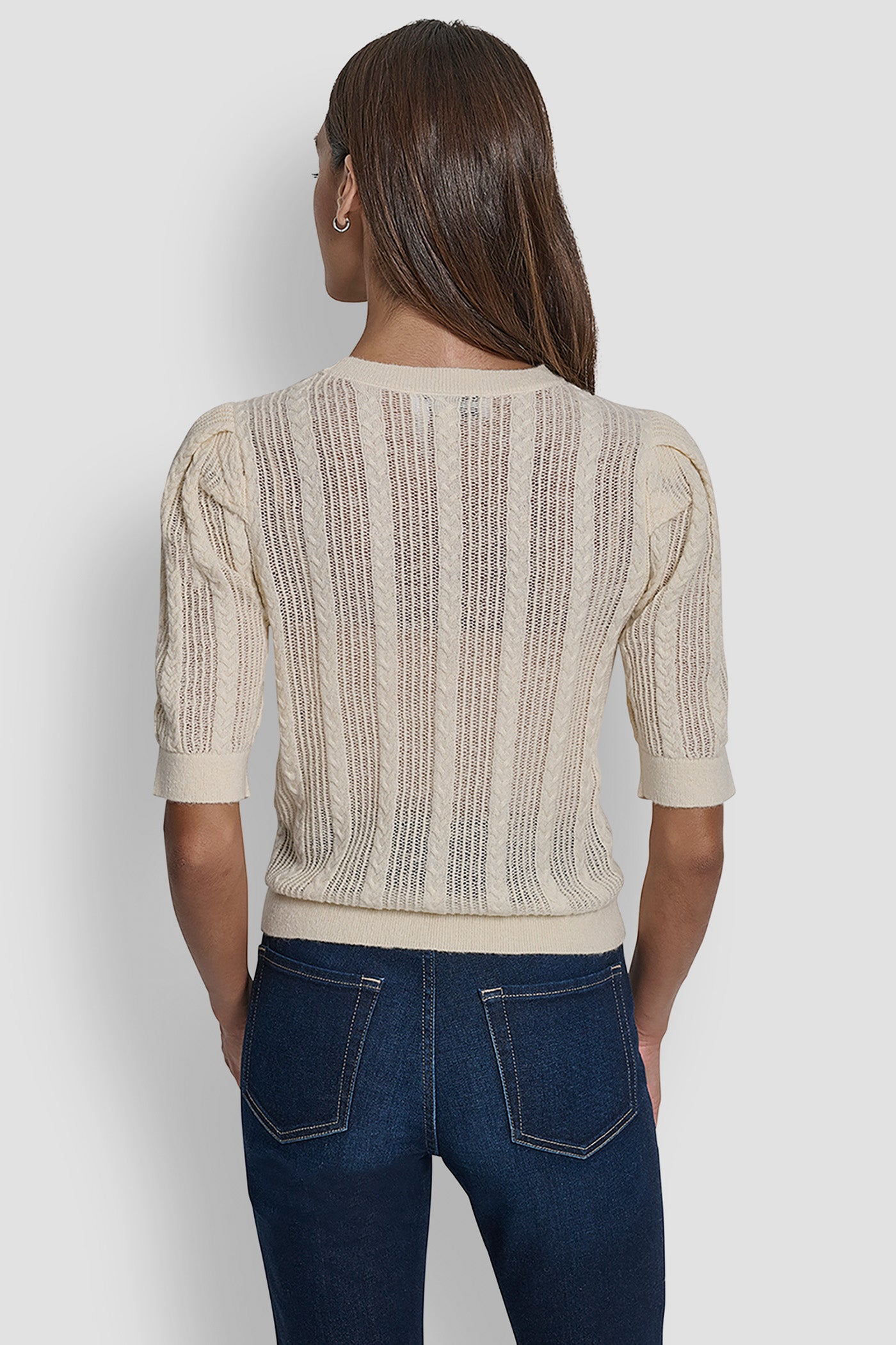 White POINTELLE SWEATER, BACK VIEW | WOMEN'S SWEATERS & TOPS