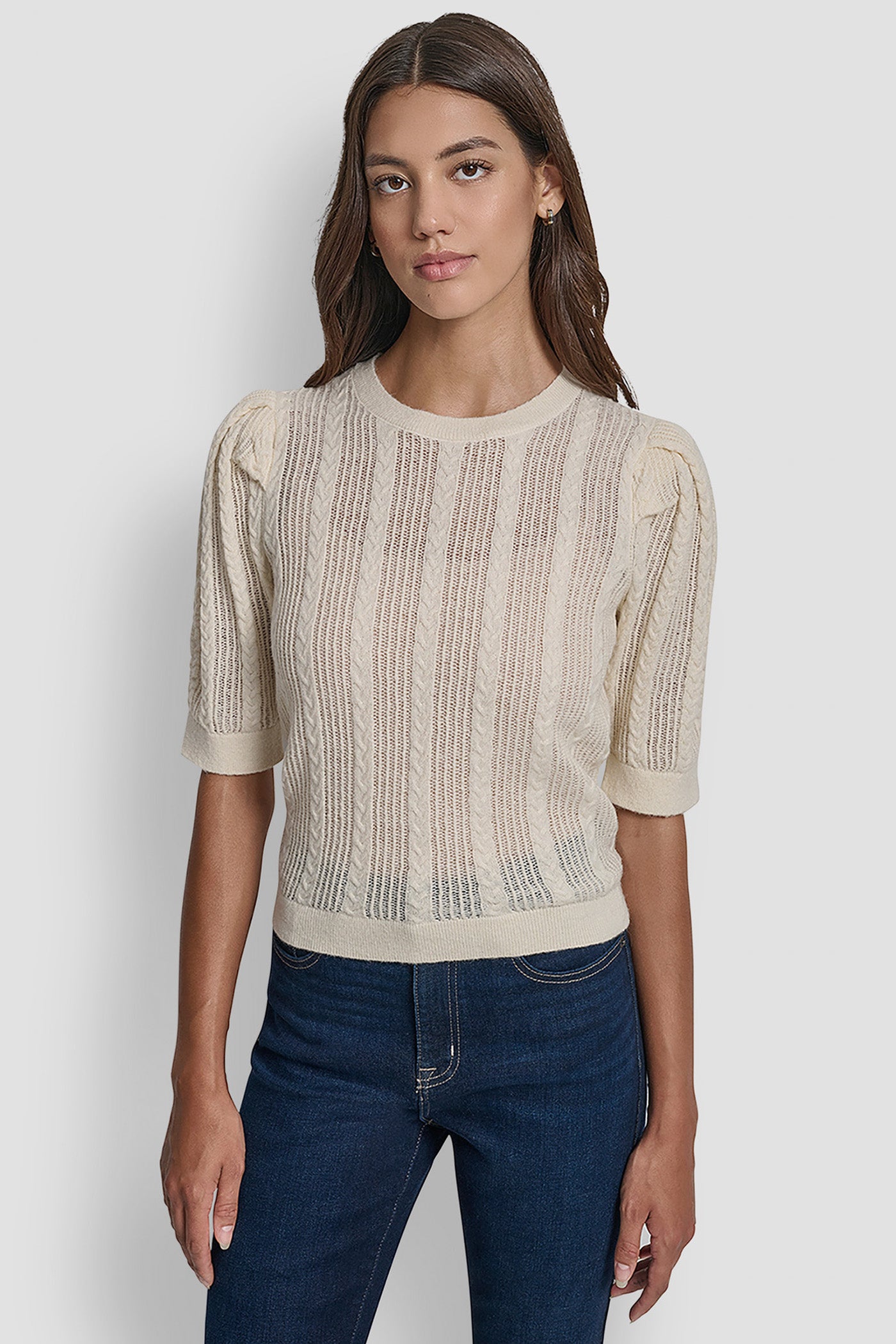 White POINTELLE SWEATER, FRONT VIEW | WOMEN'S SWEATERS & TOPS