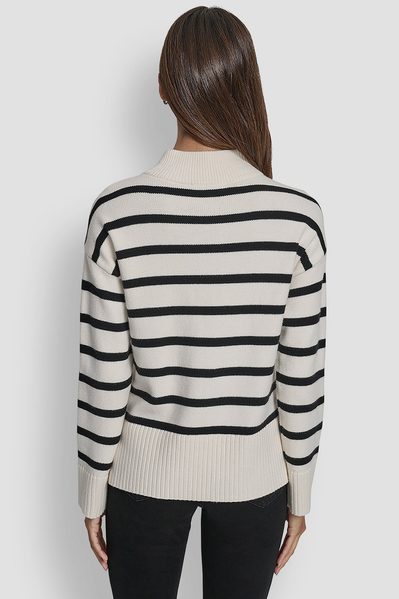 EGGNOG/BLACK LONG SLEEVED 1/4 ZIP COLLAR STRIPED SWEATER, BACK VIEW | DKNY JEANS