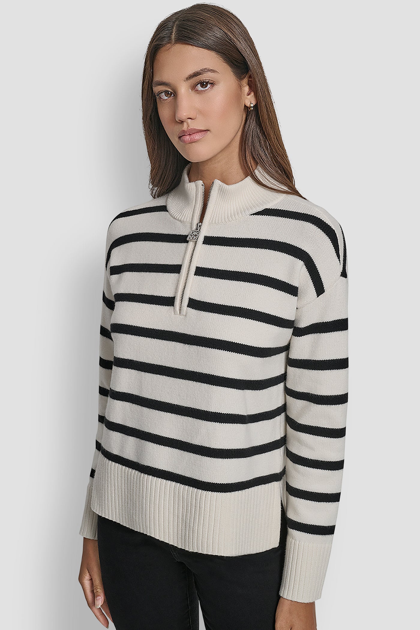 EGGNOG/BLACK LONG SLEEVED 1/4 ZIP COLLAR STRIPED SWEATER, FRONT VIEW | DKNY JEANS
