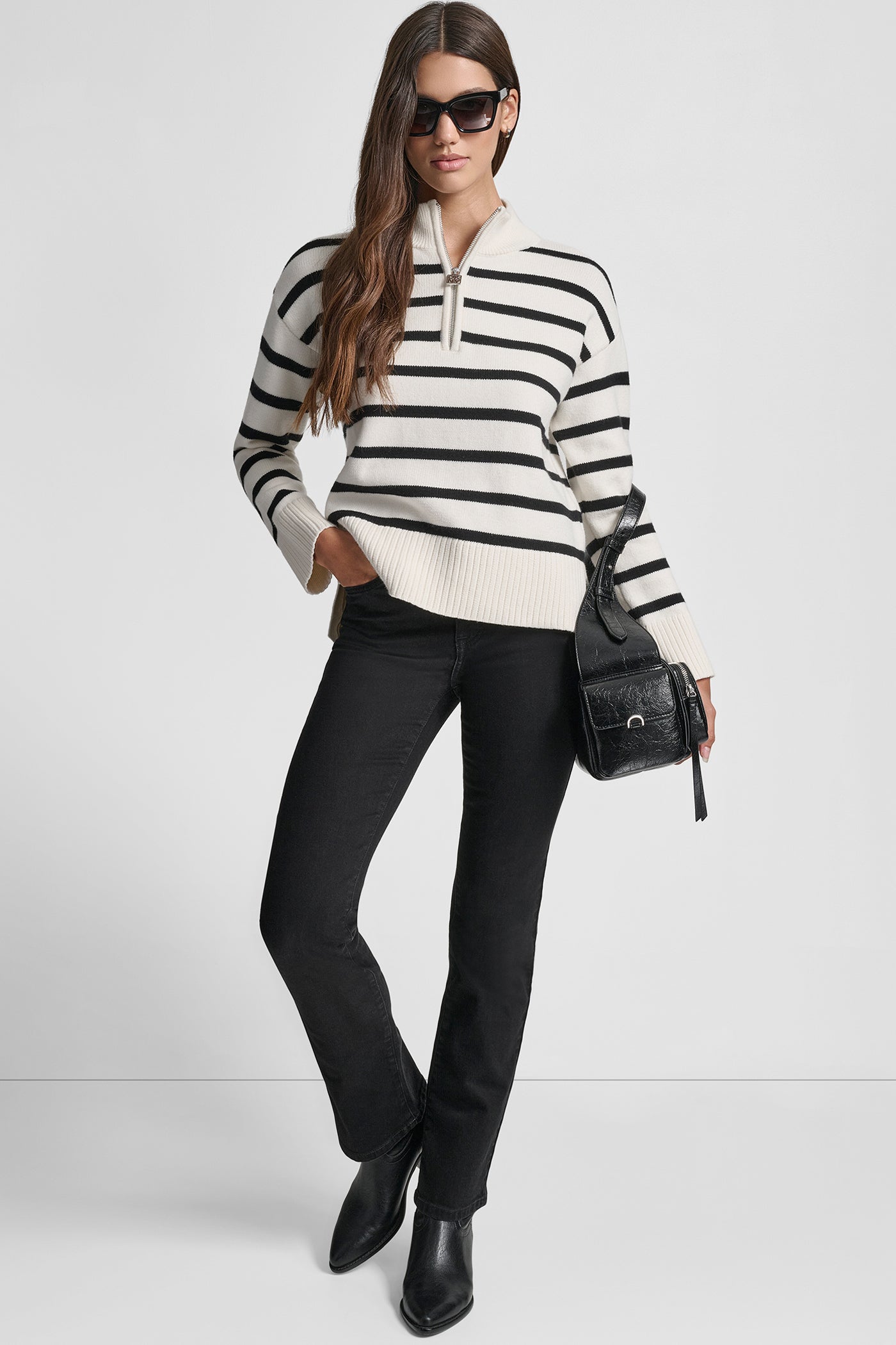 LONG SLEEVED 1/4 ZIP COLLAR STRIPED SWEATER VIEW 6 | DKNY JEANS