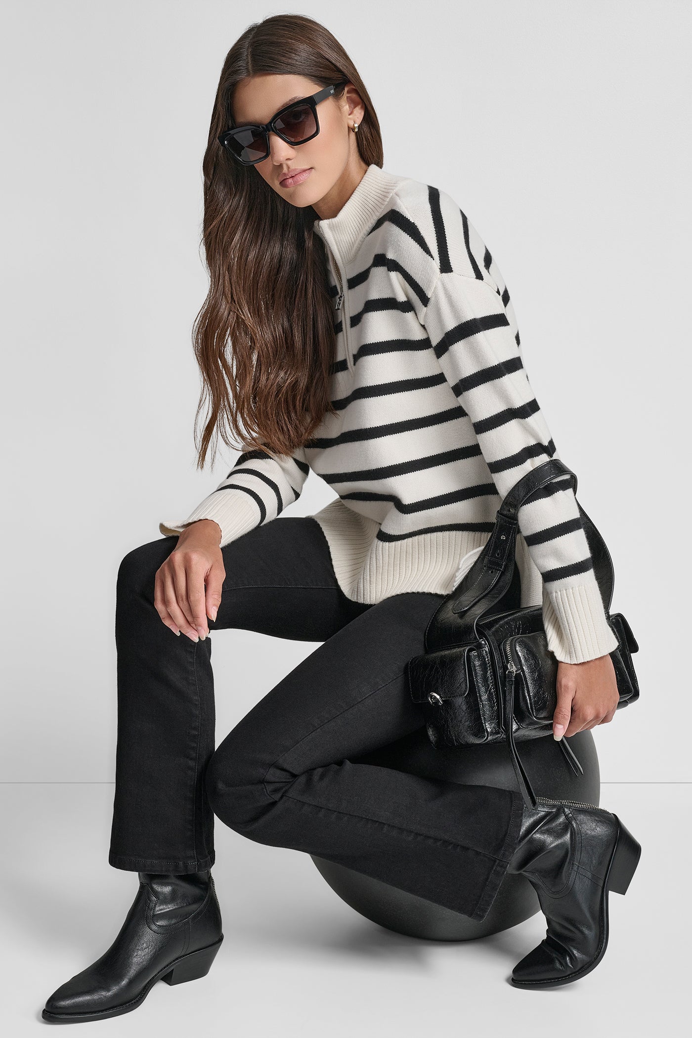 LONG SLEEVED 1/4 ZIP COLLAR STRIPED SWEATER VIEW 7 | DKNY JEANS