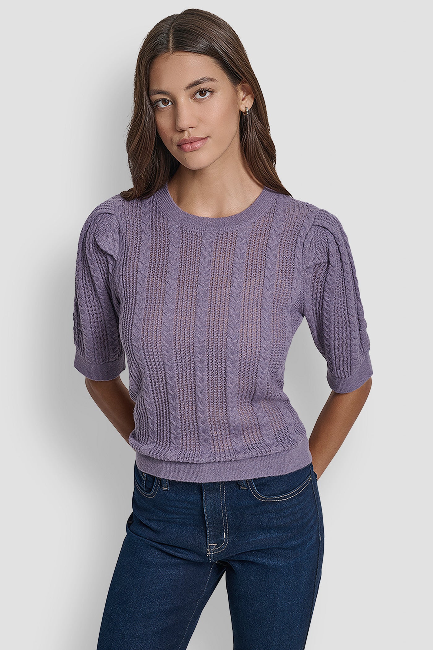 Purple POINTELLE SWEATER, FRONT VIEW | WOMEN'S SWEATERS & TOPS