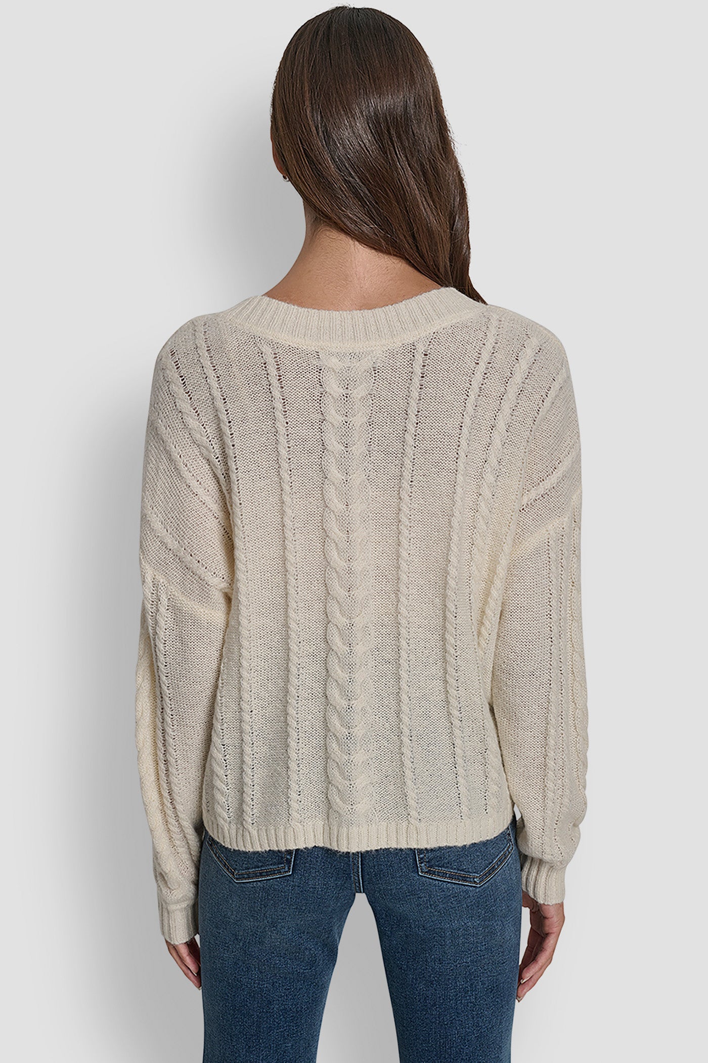 BLONDE MOHAIR LIKE CABLE V-NECK SWEATER, BACK VIEW | DKNY Promo