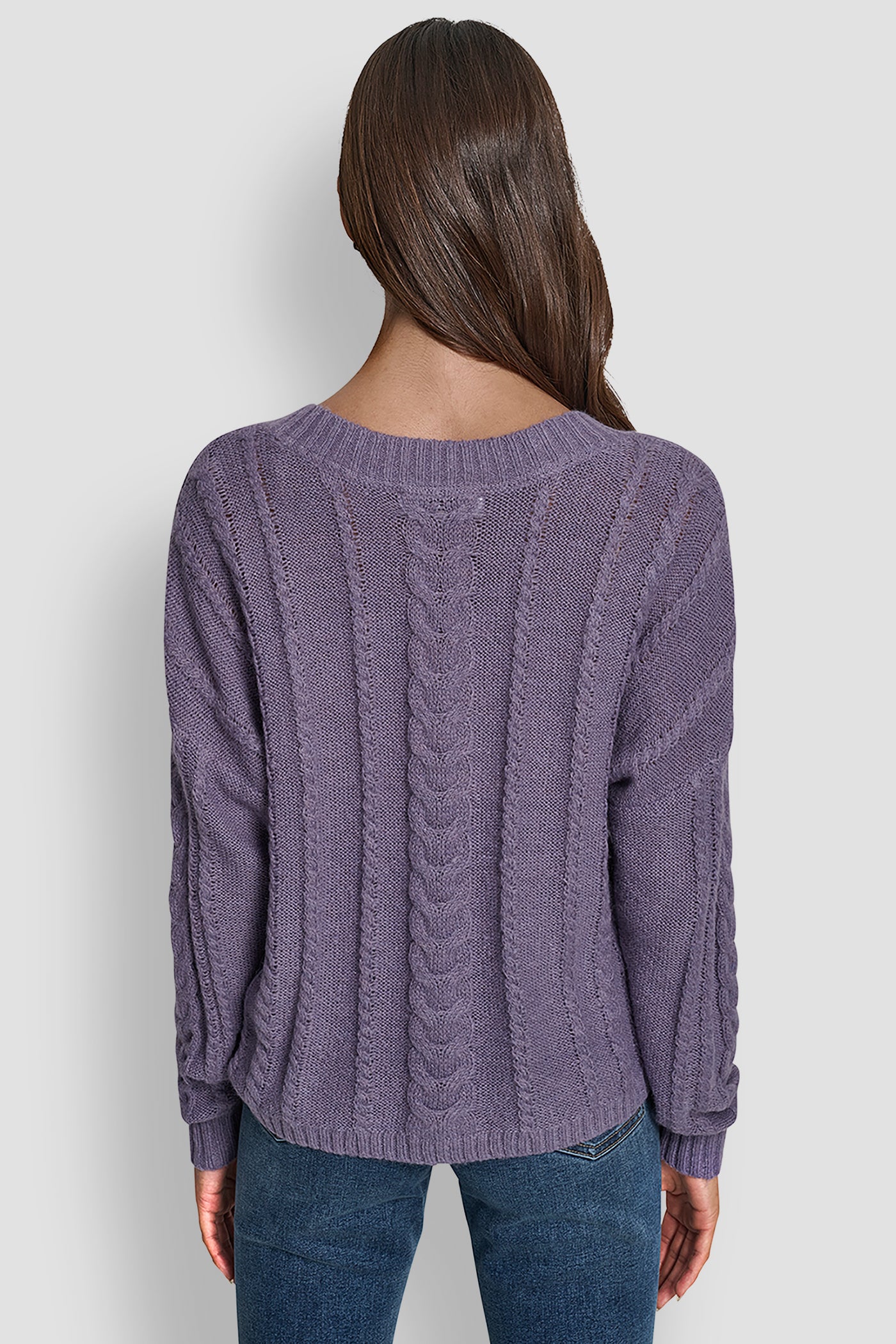 VESPER MOHAIR LIKE CABLE V-NECK SWEATER, BACK VIEW | DKNY Promo