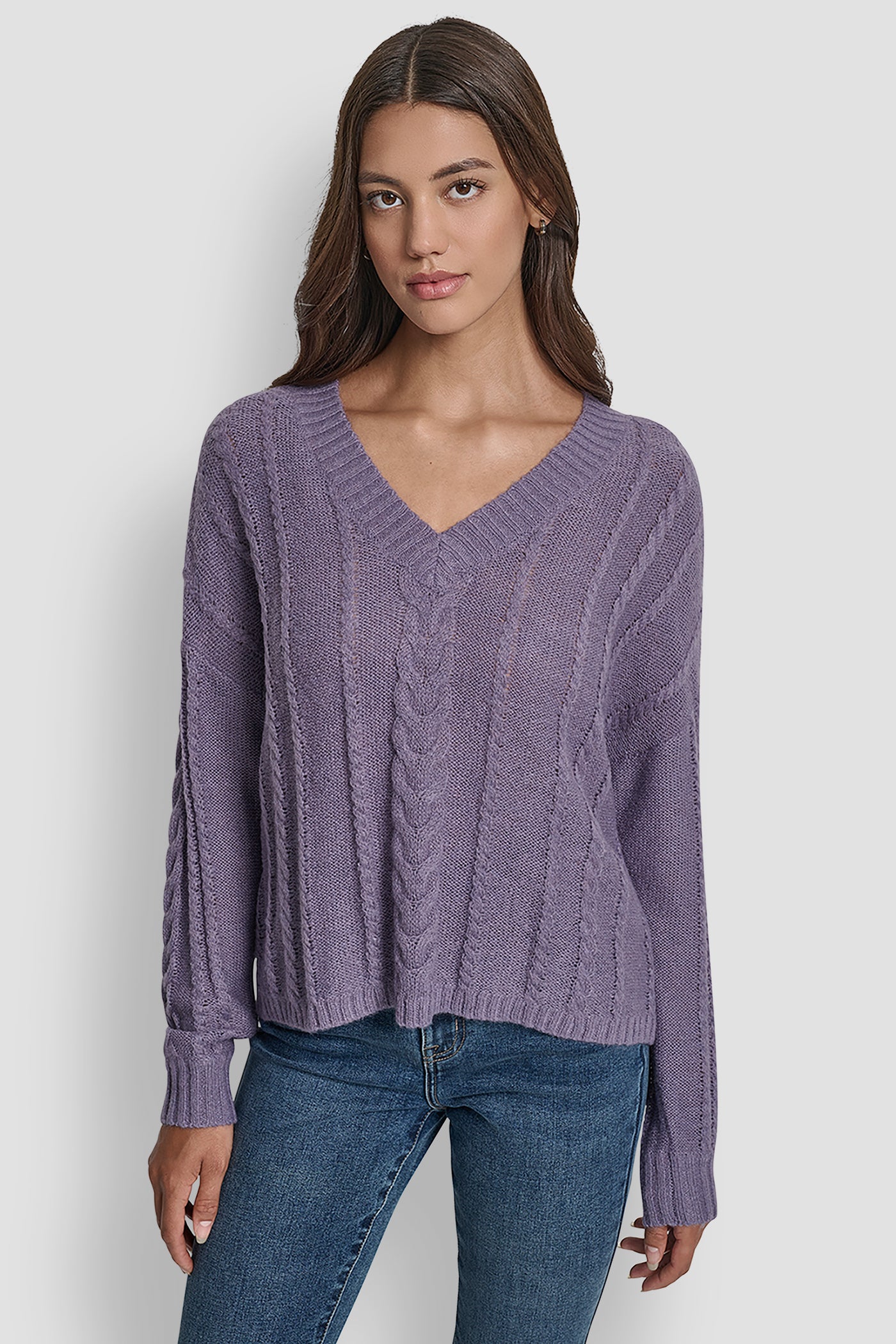 VESPER MOHAIR LIKE CABLE V-NECK SWEATER, FRONT VIEW | DKNY Promo