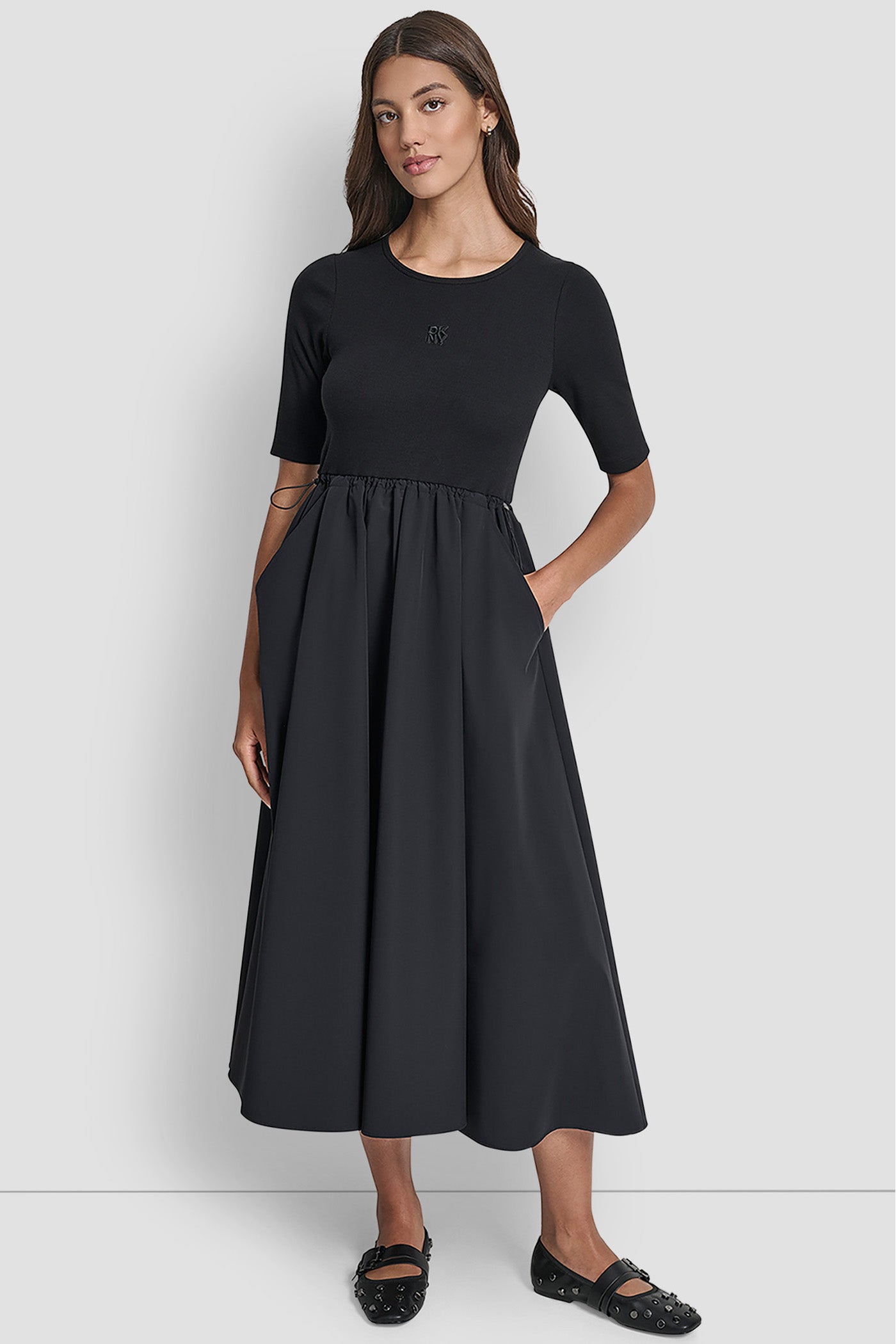 Black RIB TANK DRESS WITH POPLIN SKIRT, FRONT VIEW | Dresses & Jumpsuits