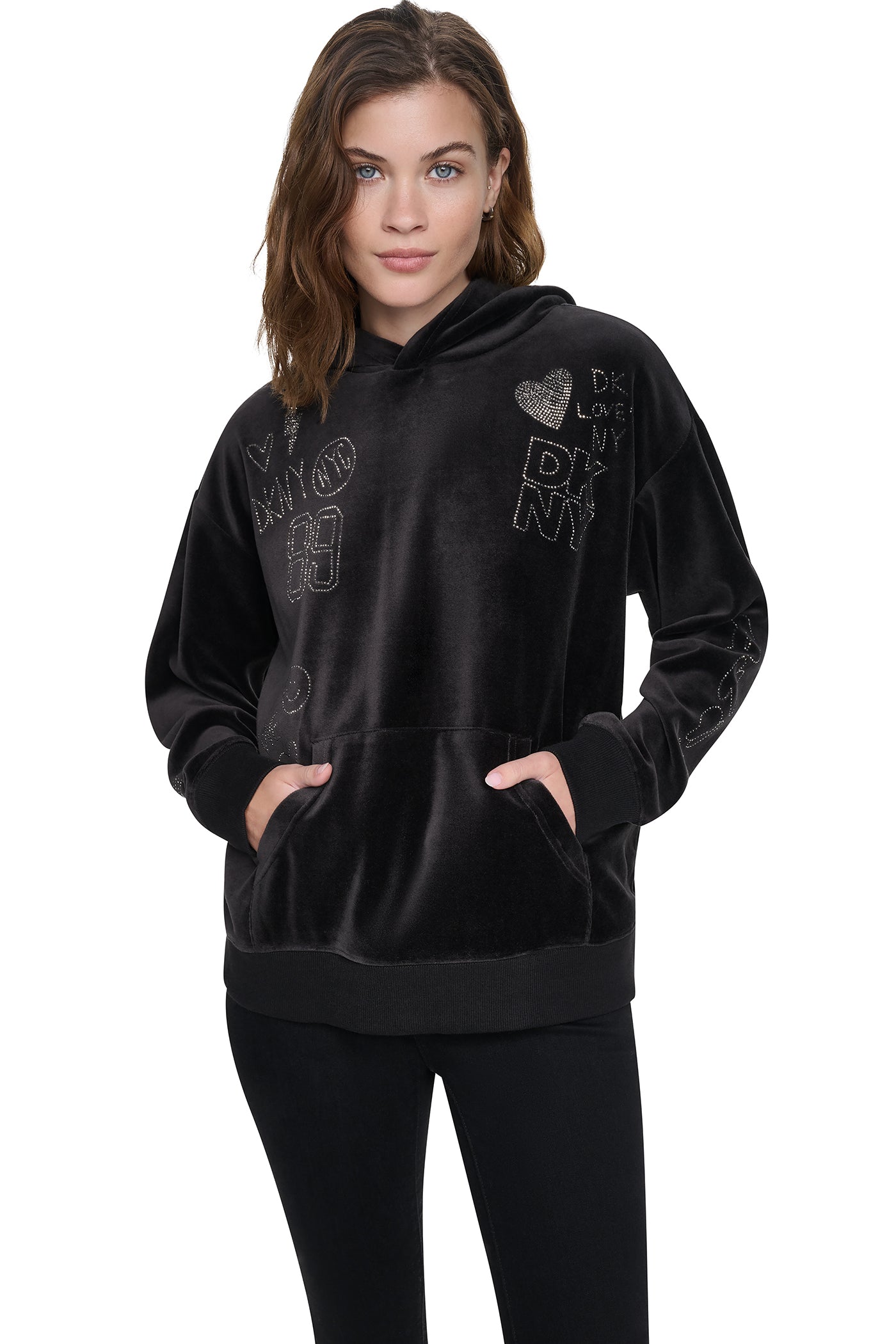 VELOUR RHINESTONE GRAFITTI LOGO HOODIE VIEW 2