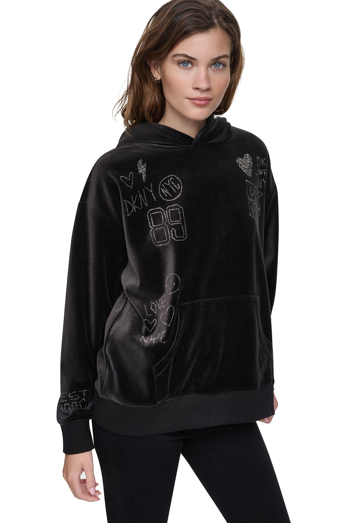 VELOUR RHINESTONE GRAFITTI LOGO HOODIE VIEW 1