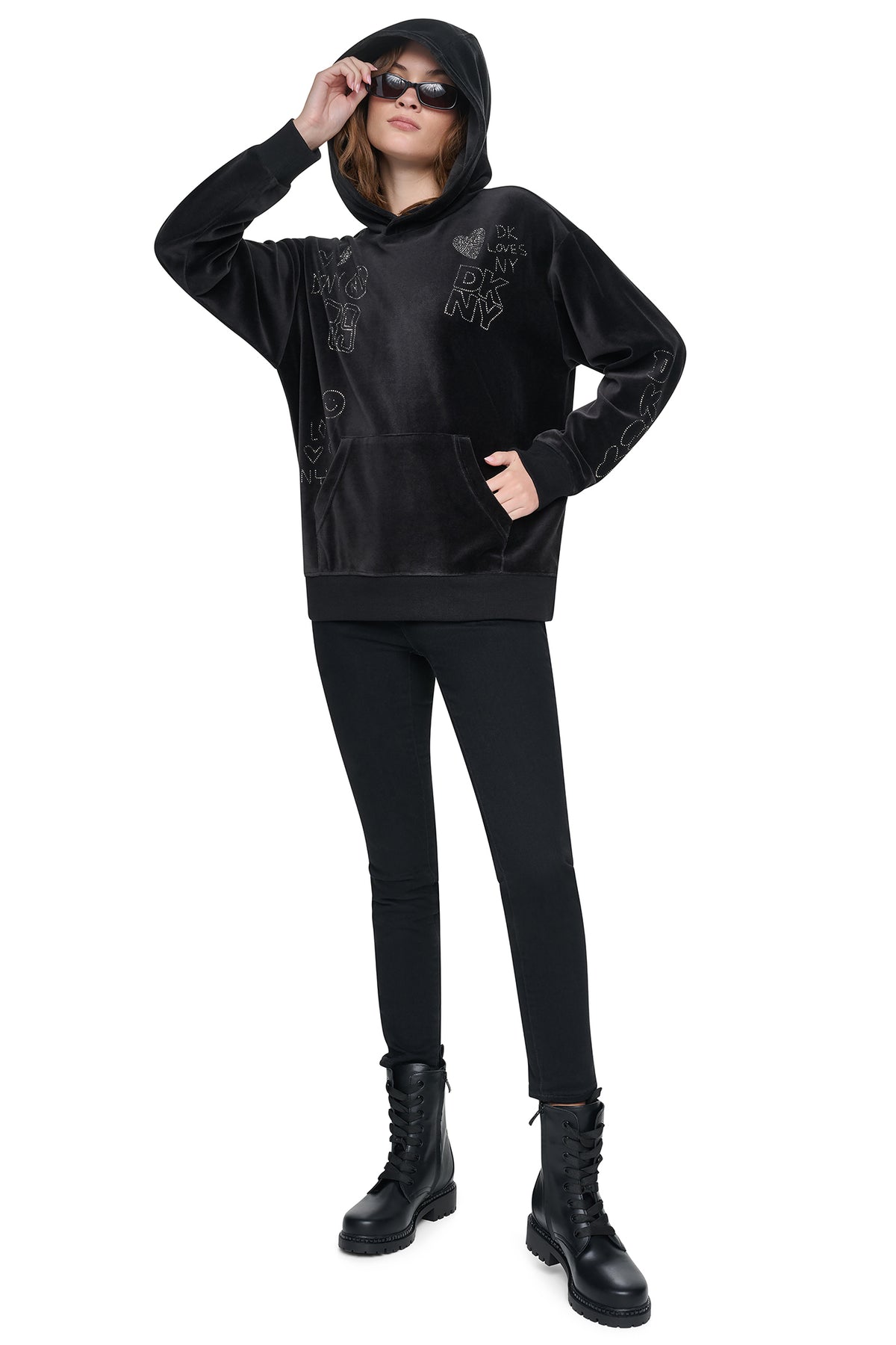 VELOUR RHINESTONE GRAFITTI LOGO HOODIE VIEW 2