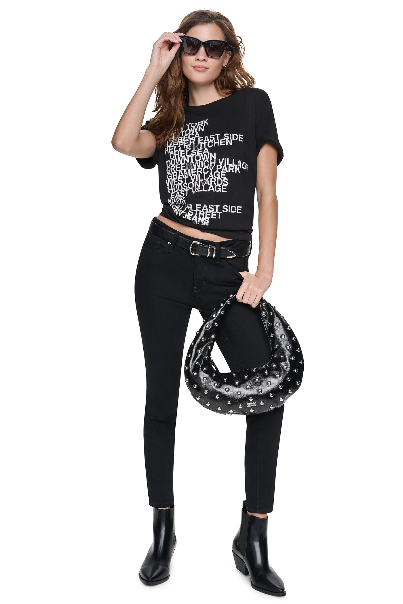 Black/Eggnog Clear RHINESTONE NEIGHBORHOOD TEE, VIEW 1 | New clothing