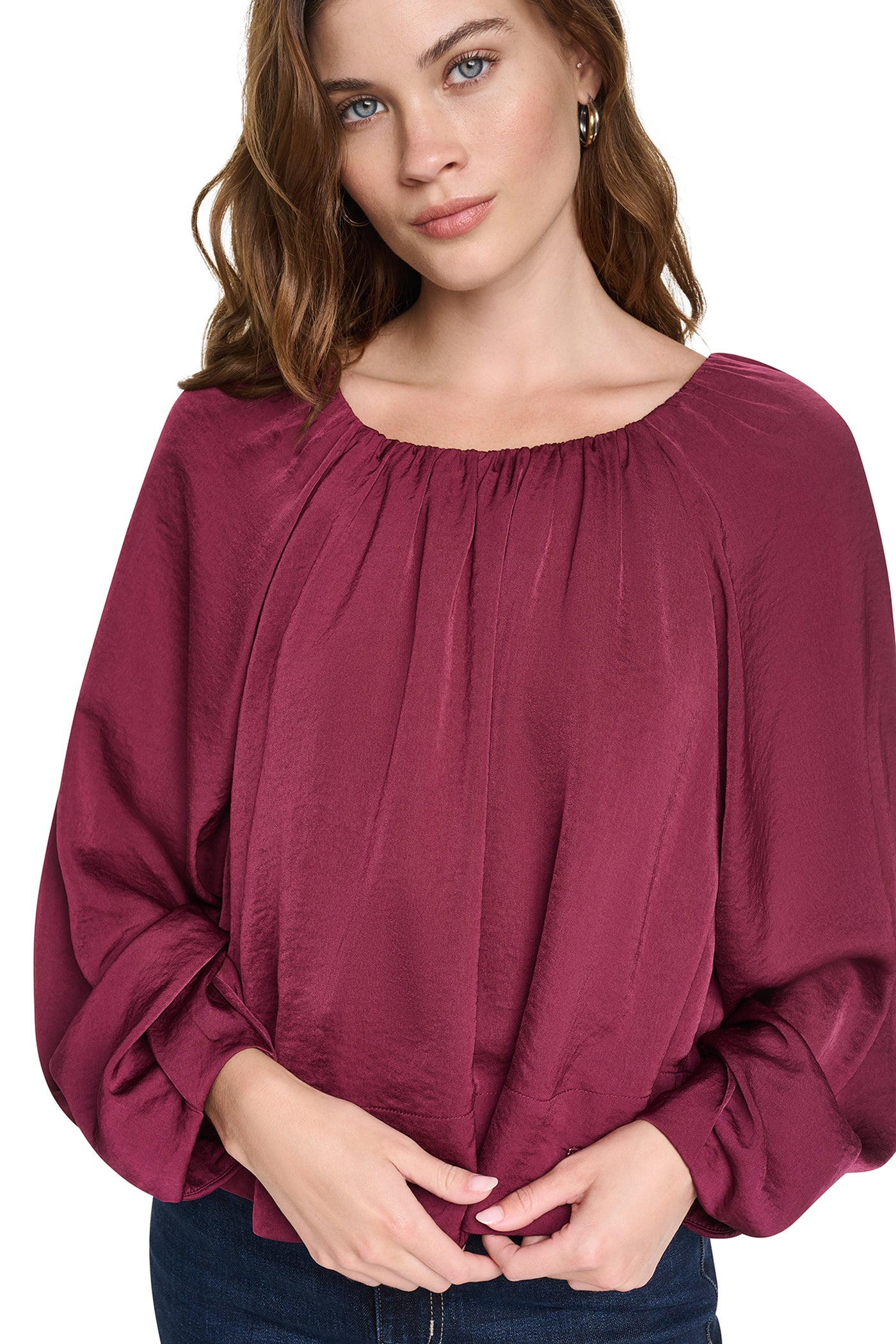 Claret RAGLAN SLEEVE SHIRRED TOP, BACK VIEW | New clothing