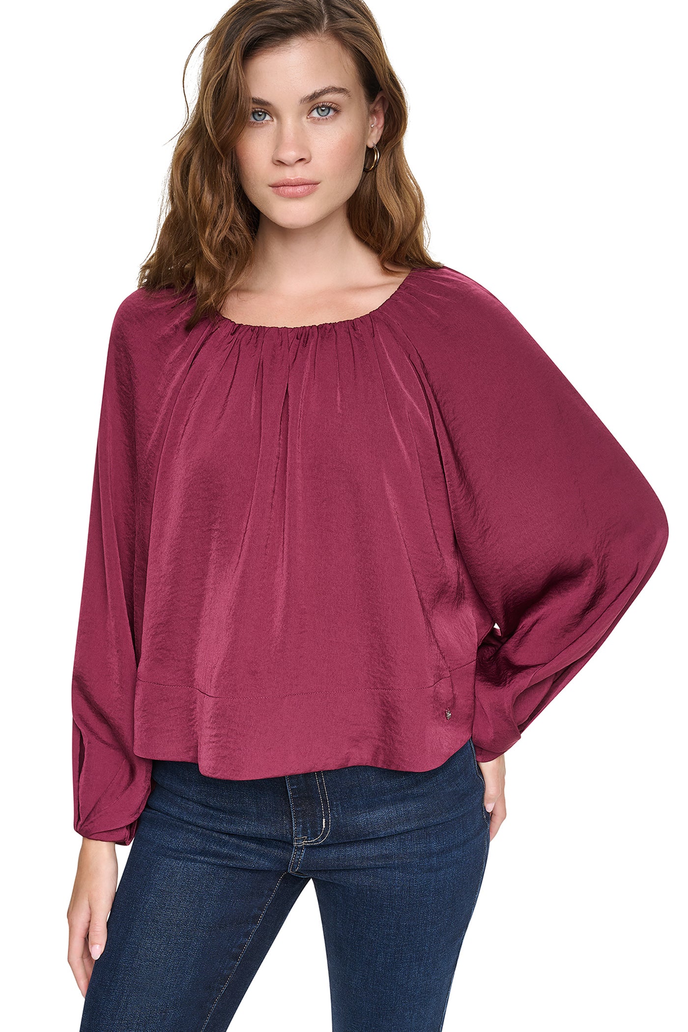 Claret RAGLAN SLEEVE SHIRRED TOP, FRONT VIEW | New clothing