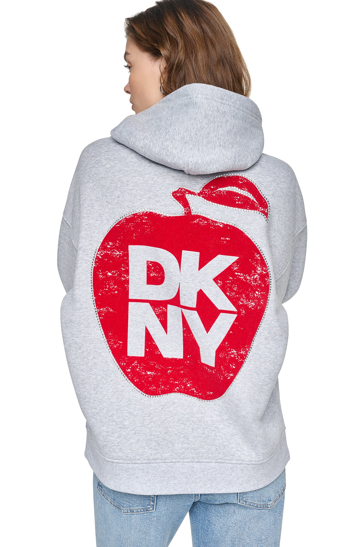 Pearl Grey Heather/Clear Ruby OVERSIZED BIG APPLE LOGO HOODIE, BACK VIEW | Sweatshirts & Joggers