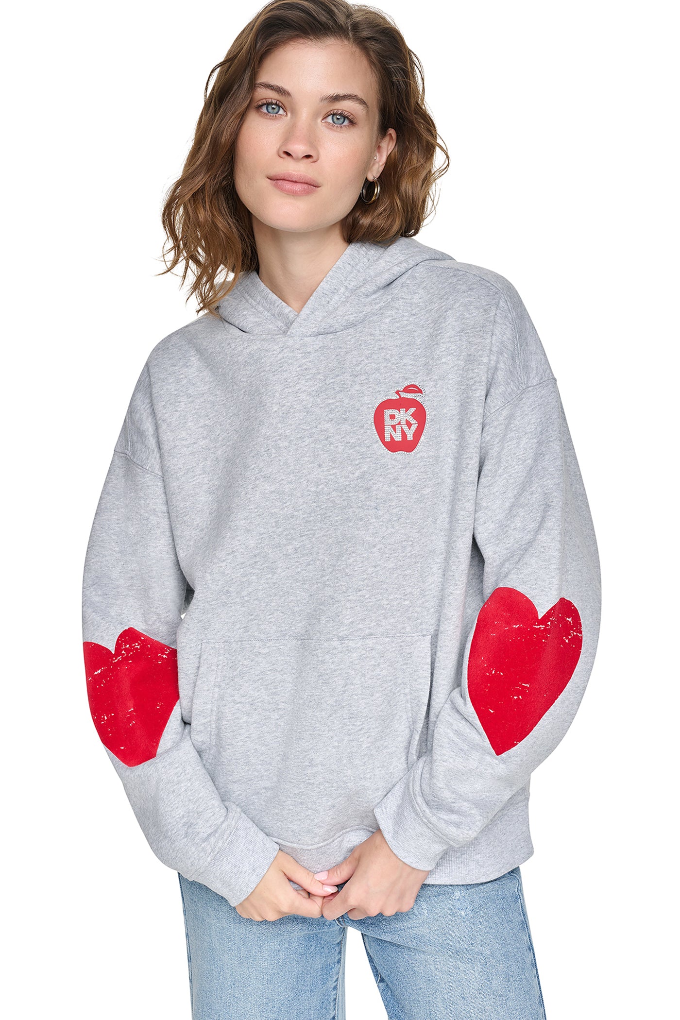 Pearl Grey Heather/Clear Ruby OVERSIZED BIG APPLE LOGO HOODIE, FRONT VIEW | Sweatshirts & Joggers
