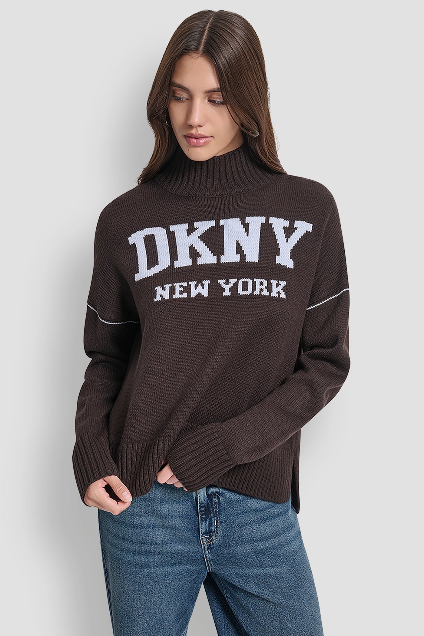 Espresso/Frost Blue LOGO INTARSIA MOCK-NECK SWEATER, FRONT VIEW | Clothing