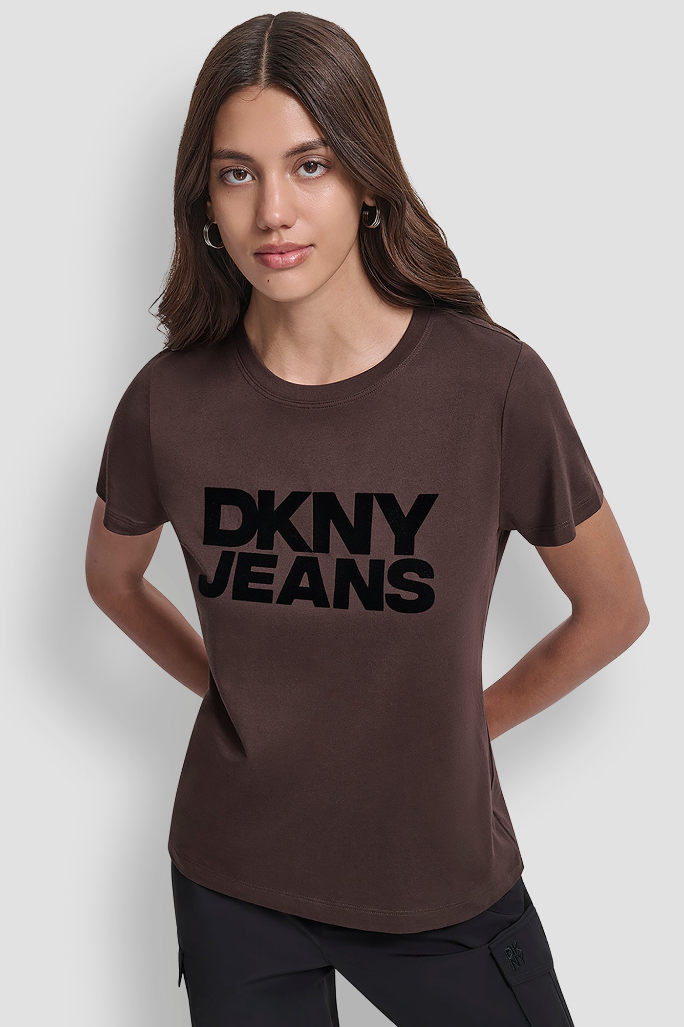Espresso/Black FLOCKED LOGO CREW NECK TEE, FRONT VIEW | DKNY Promo