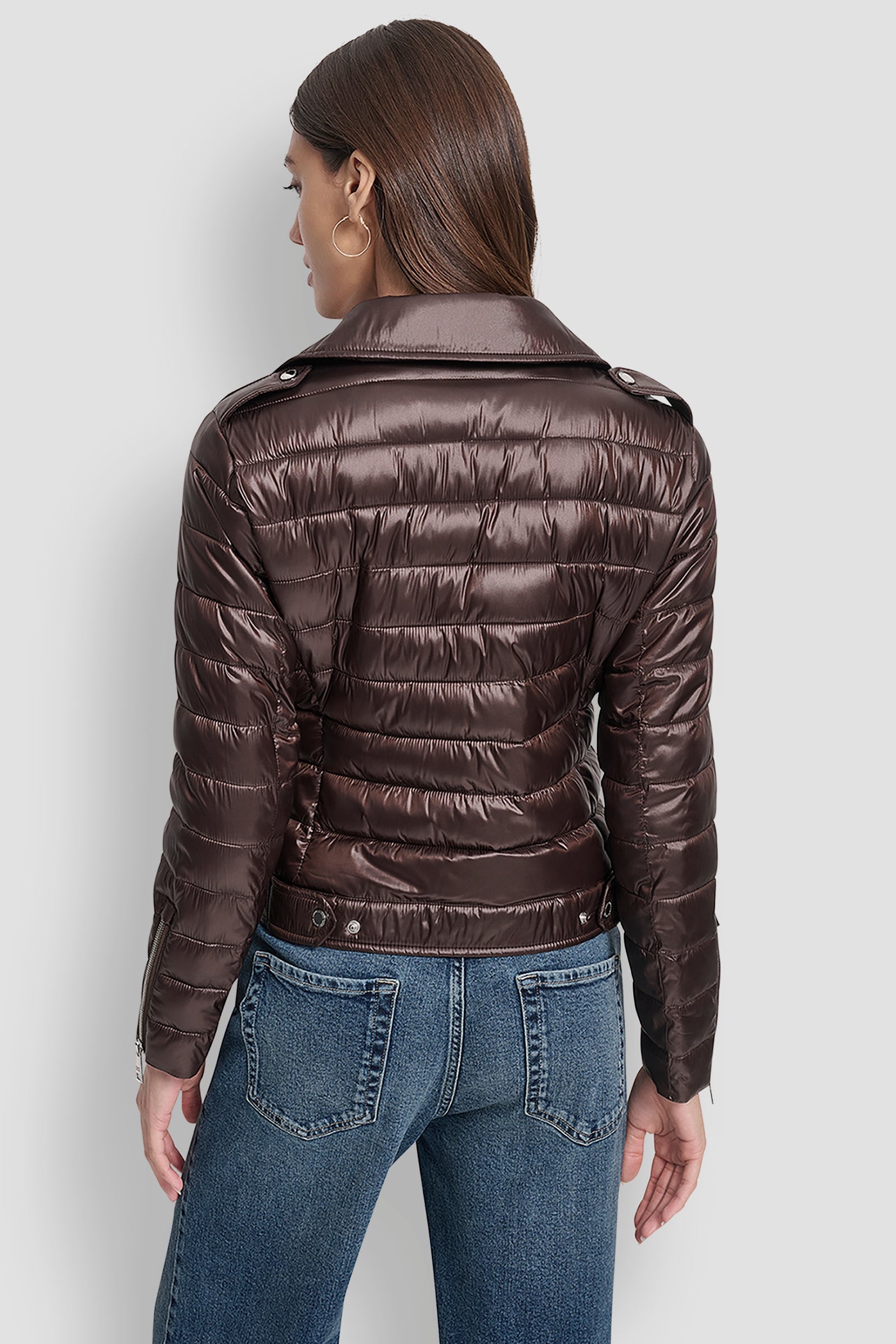 METALLIC ESPRESSO MOTO STYLE LIGHT WEIGHT PUFFER JACKET, BACK VIEW | New Arrivals