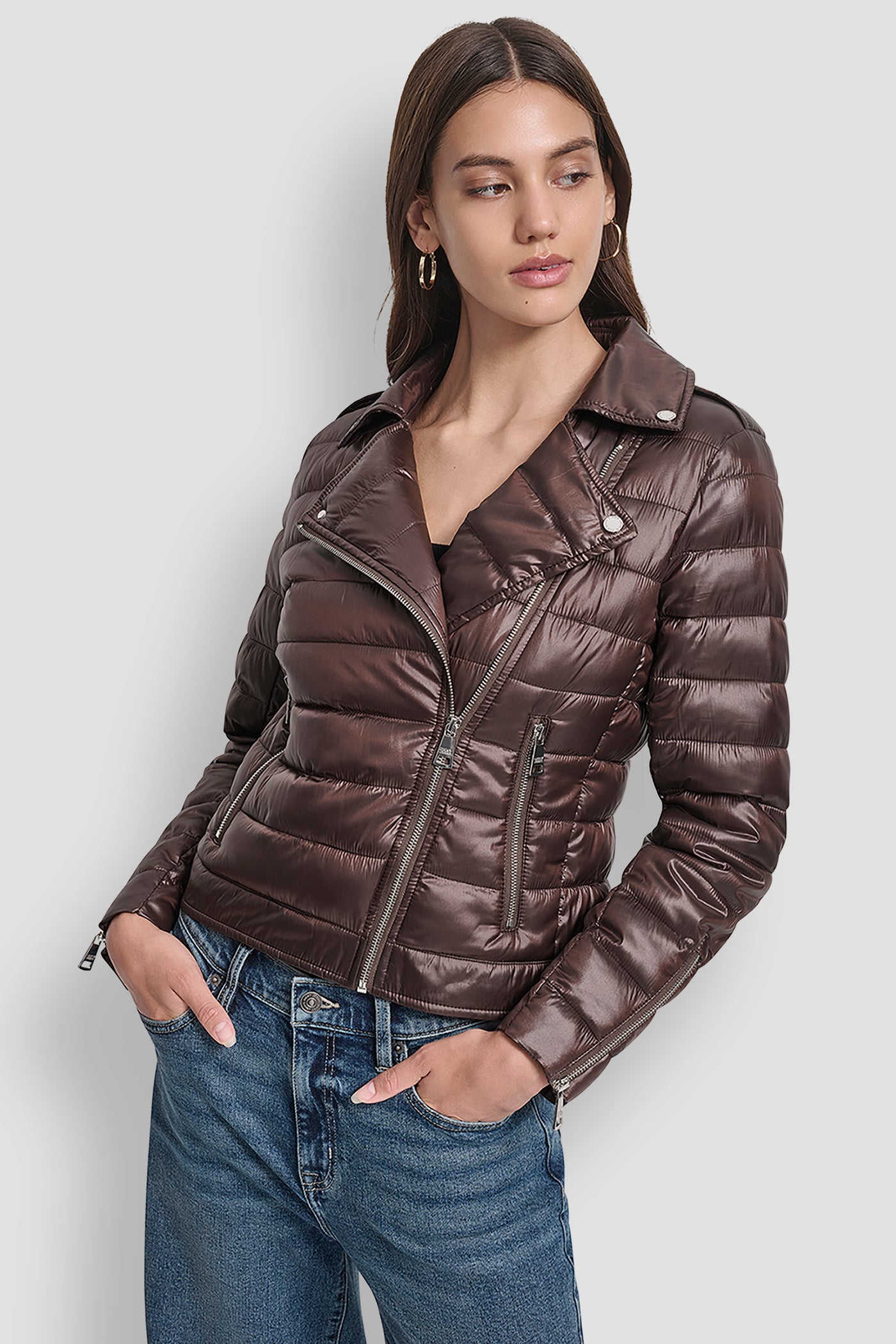 METALLIC ESPRESSO MOTO STYLE LIGHT WEIGHT PUFFER JACKET, FRONT VIEW | New Arrivals