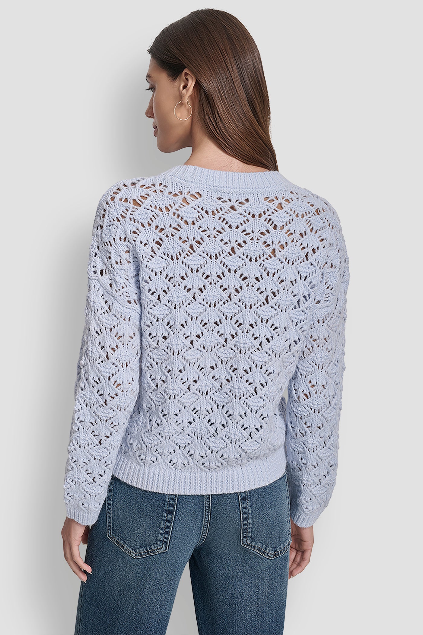 FROST BLUE POINTELLE STITCH LONG SLEEVE CREW NECK SWEATER, BACK VIEW | New Arrivals