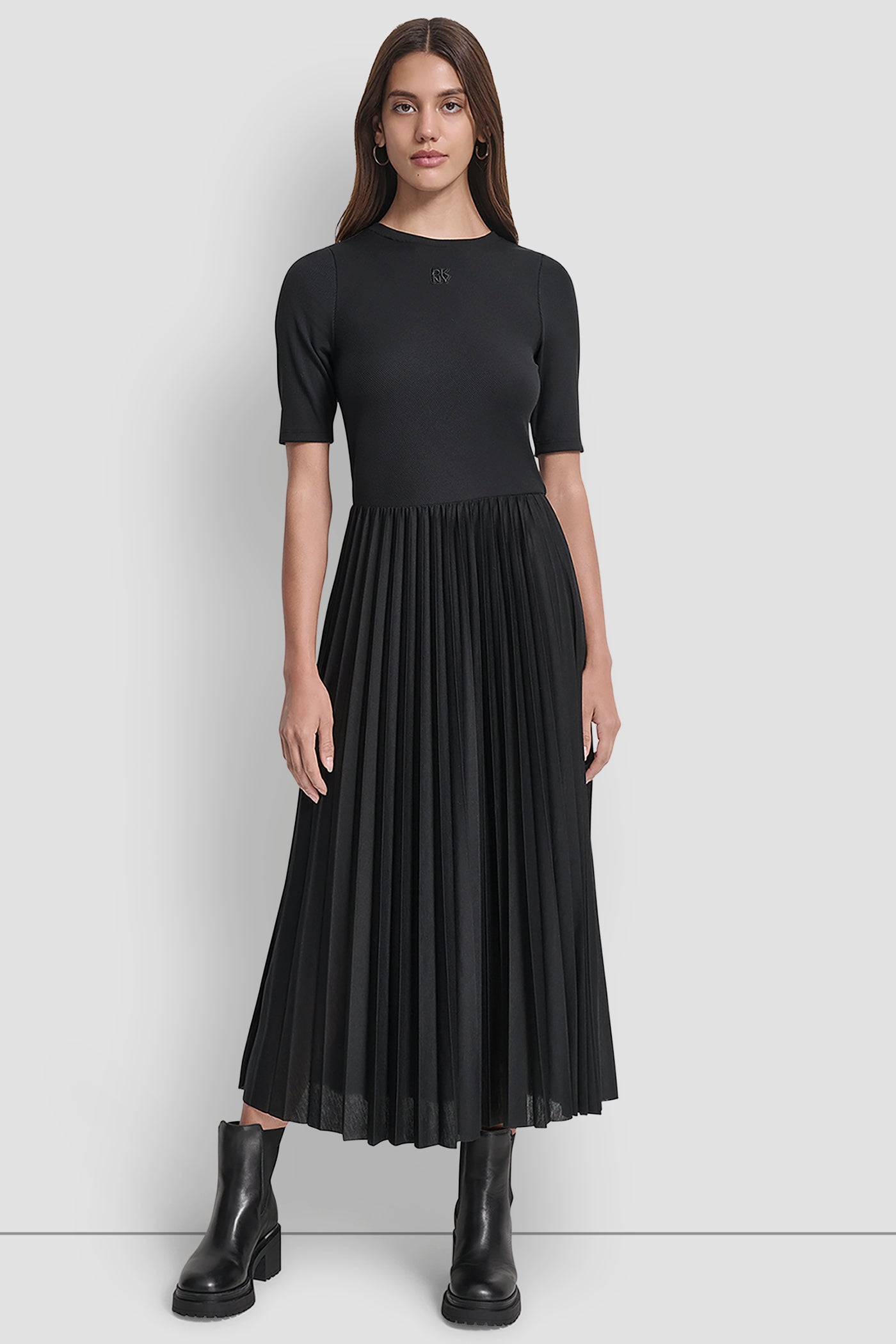 Black BALLET SLEEVE PLEATED DRESS, FRONT VIEW | Dresses & Jumpsuits