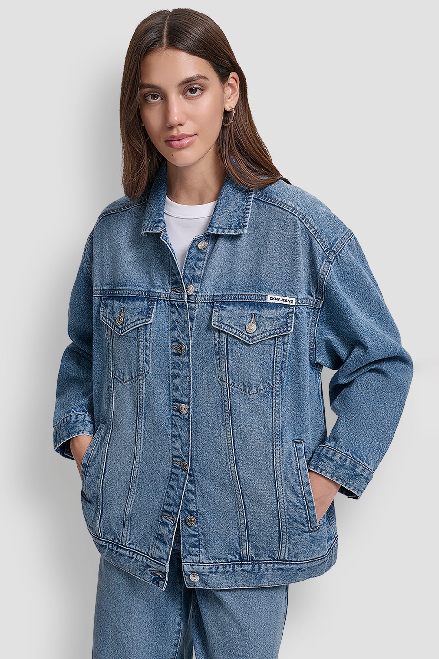 CEDAR STREET MAXI DENIM TRUCKER JACKET, FRONT VIEW | Clothing