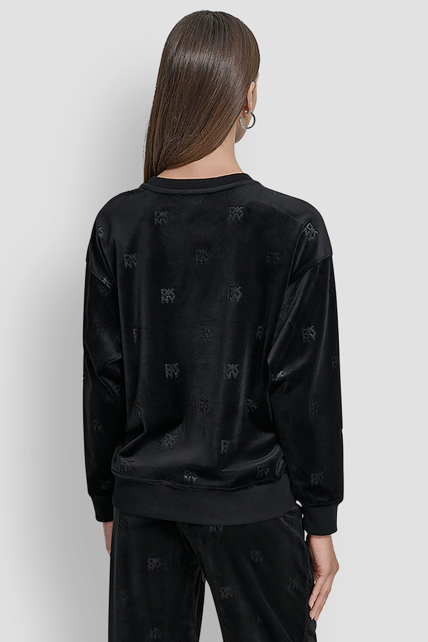 Black DKNY ALL OVER DEBOSSED LOGO PULLOVER, BACK VIEW | DKNY Promo