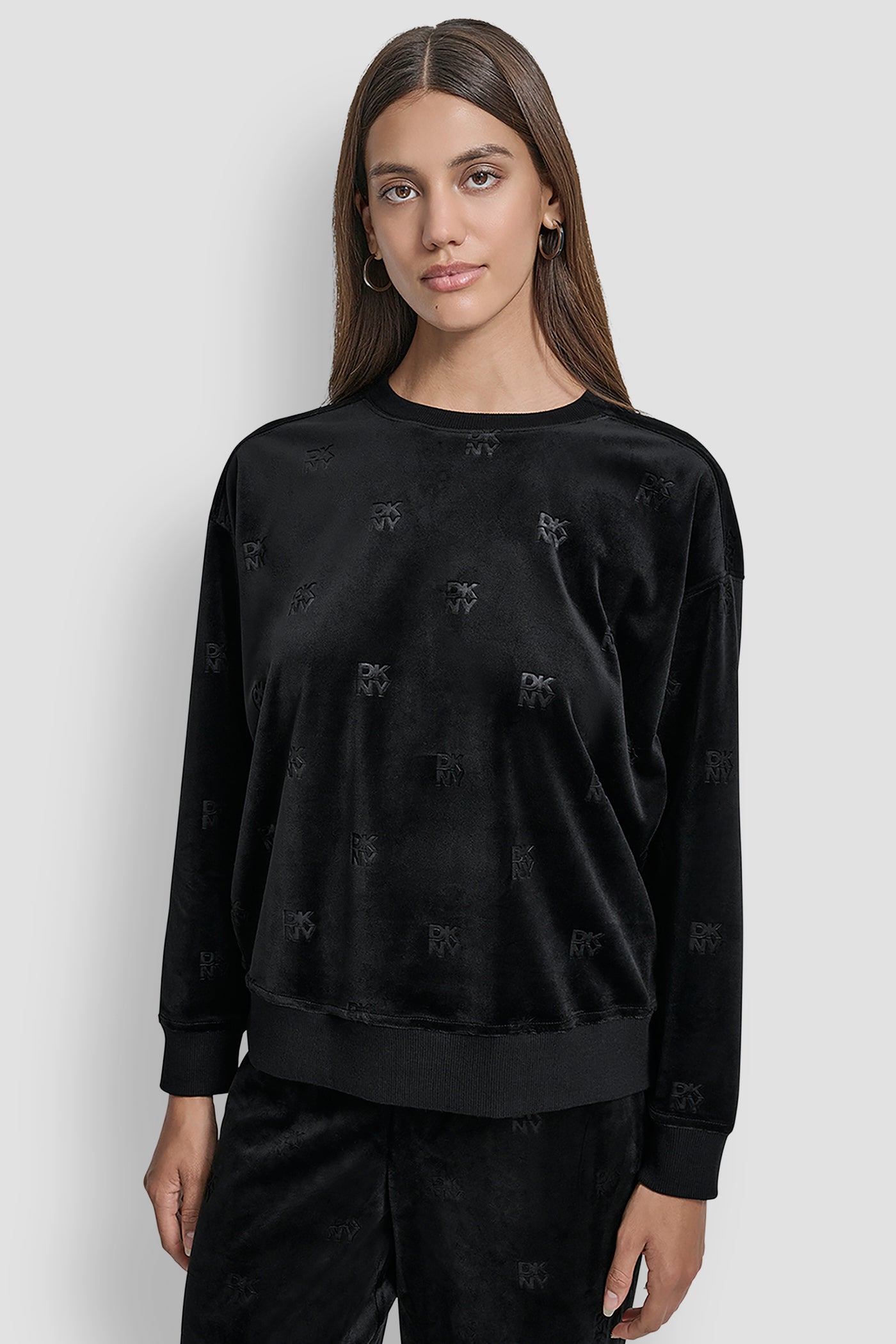 Black DKNY ALL OVER DEBOSSED LOGO PULLOVER, FRONT VIEW | DKNY Promo