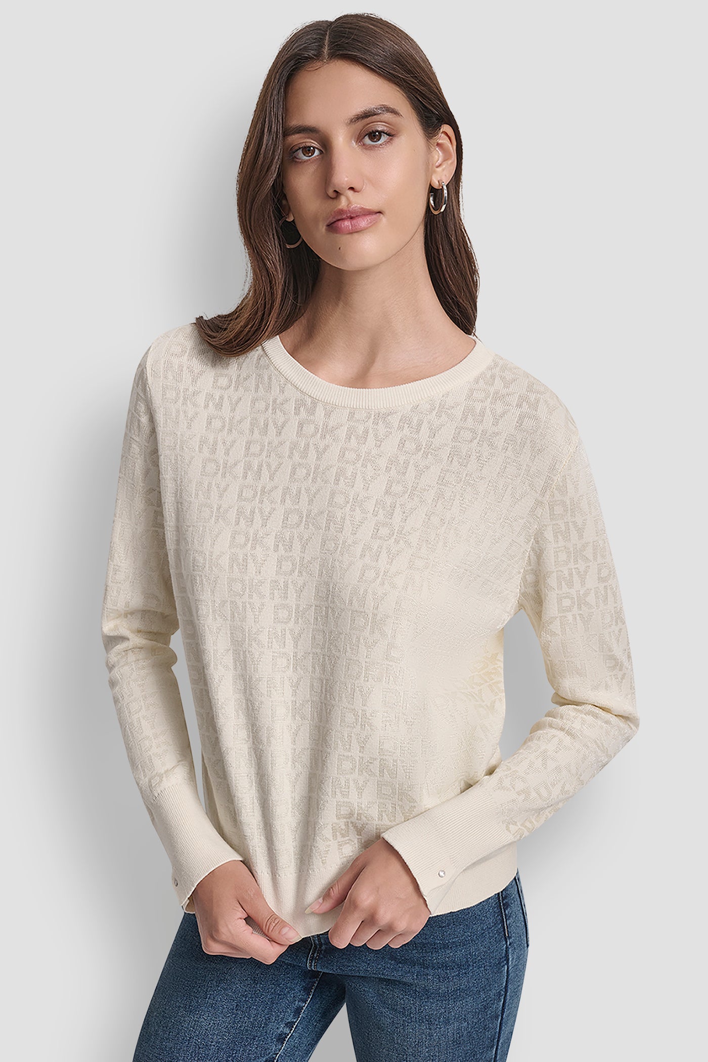EGGNOG LONG SLEEVE CREW NECK LOGO SWEATER WITH CUFF SLIT, FRONT VIEW | New Arrivals