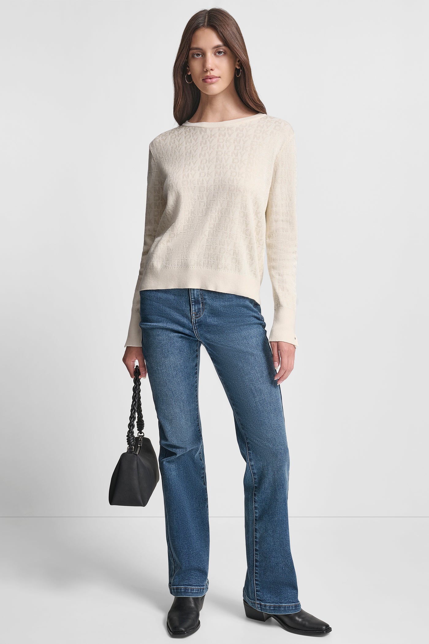 LONG SLEEVE CREW NECK LOGO SWEATER WITH CUFF SLIT VIEW 6 | Clothing