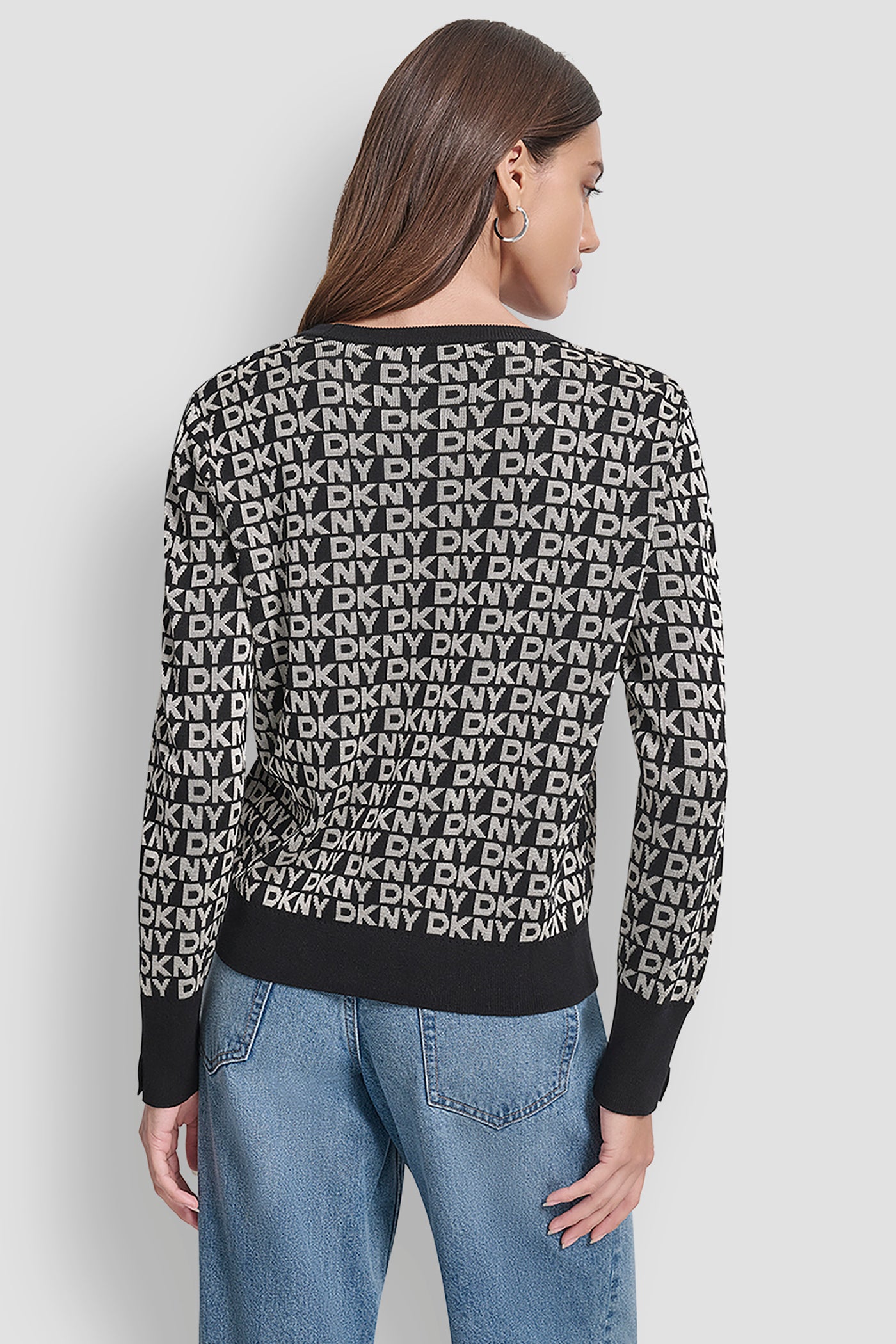 BLACK/EGGNOG LONG SLEEVE CREW NECK LOGO SWEATER WITH CUFF SLIT, BACK VIEW | New Arrivals