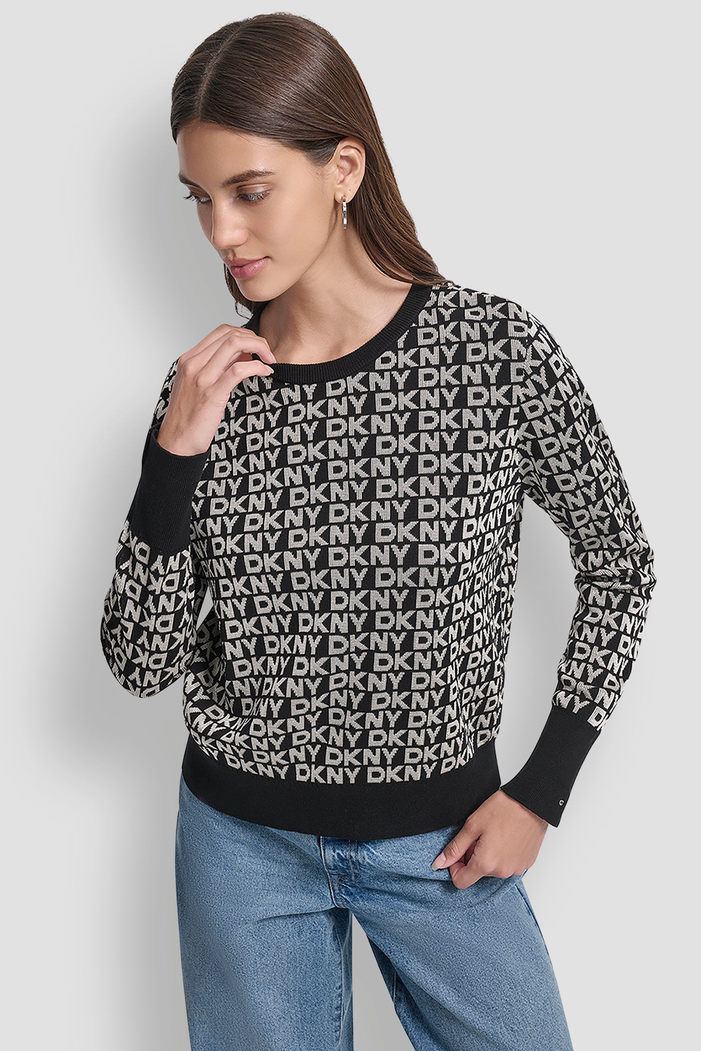 BLACK/EGGNOG LONG SLEEVE CREW NECK LOGO SWEATER WITH CUFF SLIT, FRONT VIEW | New Arrivals