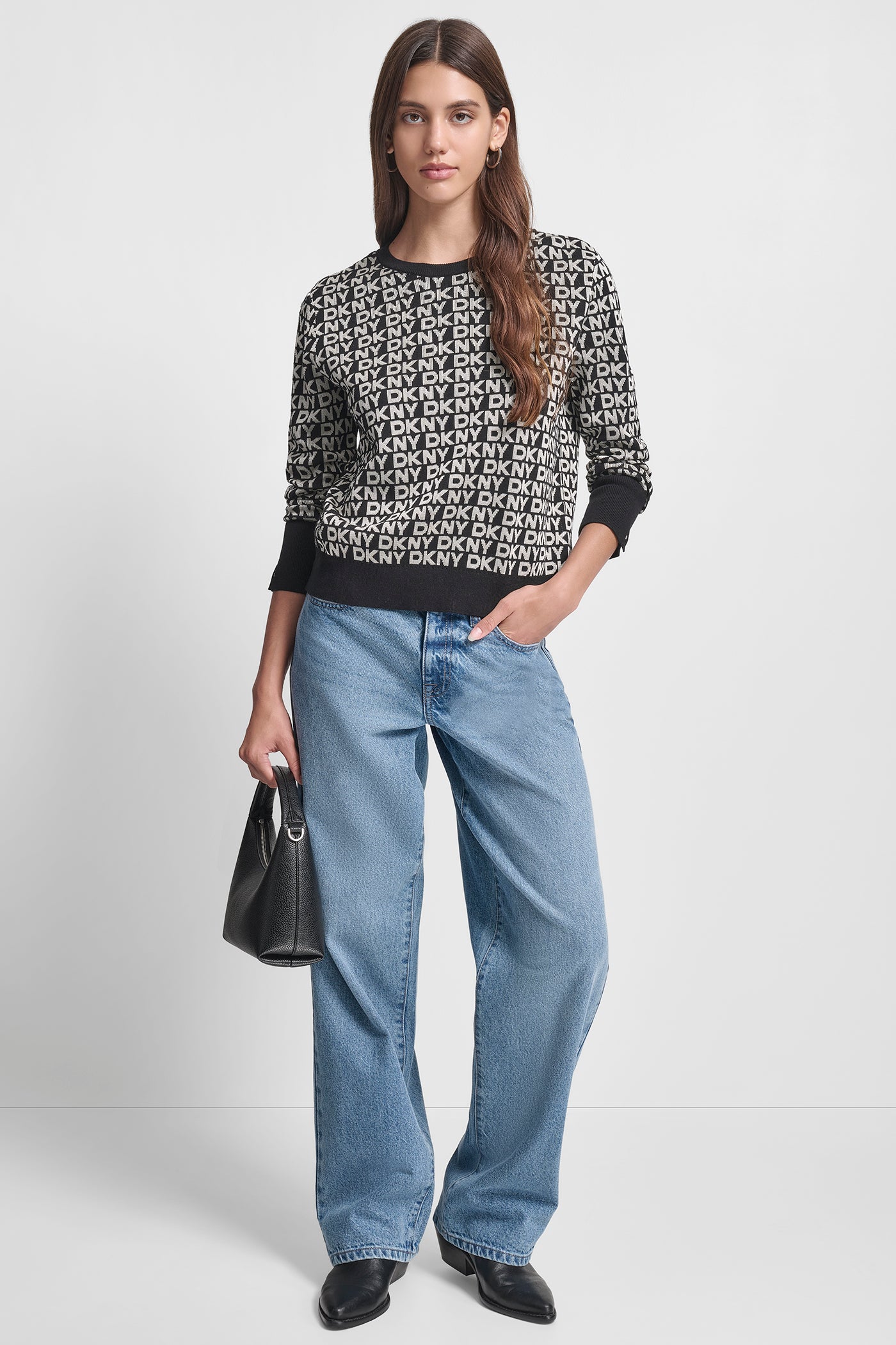 LONG SLEEVE CREW NECK LOGO SWEATER WITH CUFF SLIT VIEW 6 | New Arrivals