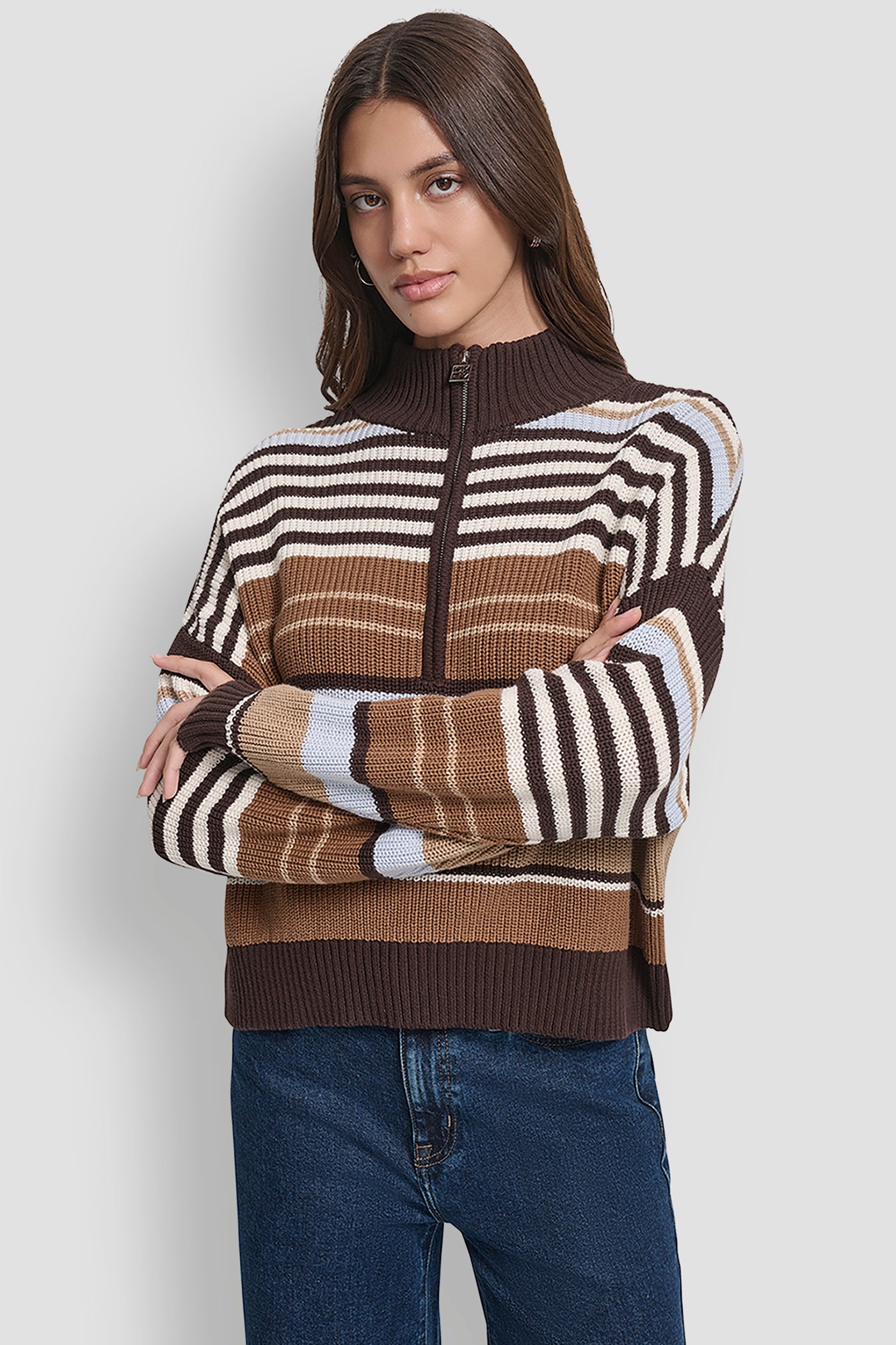 ESPRESSO COMBO STRIPED 1/4 ZIP SWEATER, FRONT VIEW | Back-To-School Shop