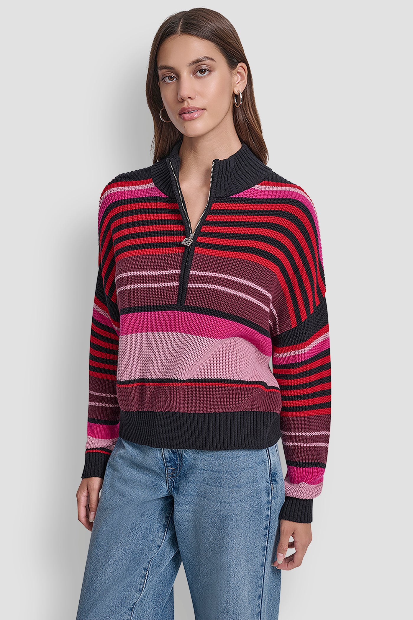 SYRAH COMBO STRIPED 1/4-ZIP SWEATER, FRONT VIEW | WOMEN'S SWEATERS & TOPS