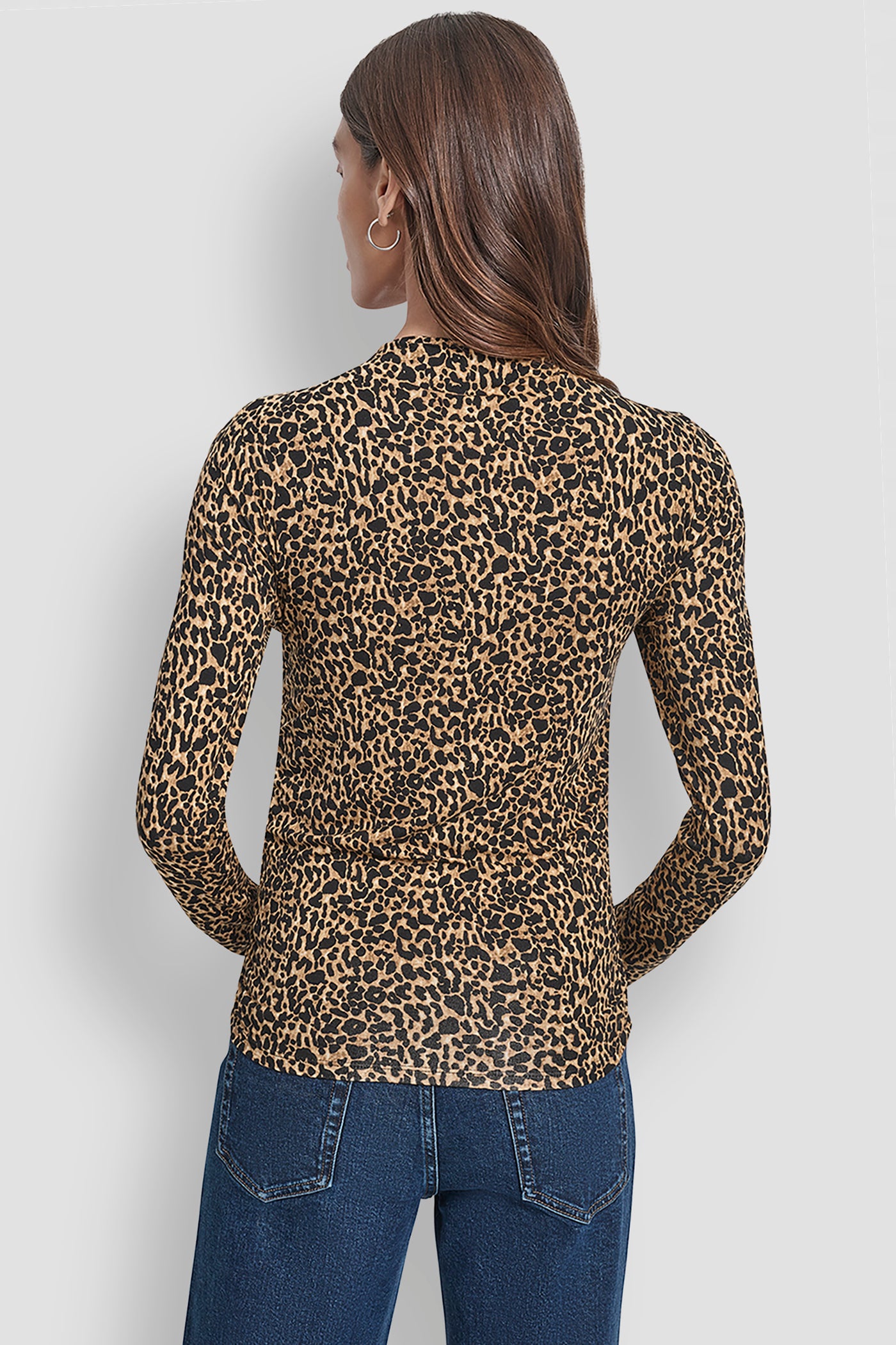 MINI LYNX/BURNT SUGAR/CHAMPAGNE SIDE RUCHED HIGH NECK LONG SLEEVE TOP WITH RHINESTONE, BACK VIEW | New Arrivals