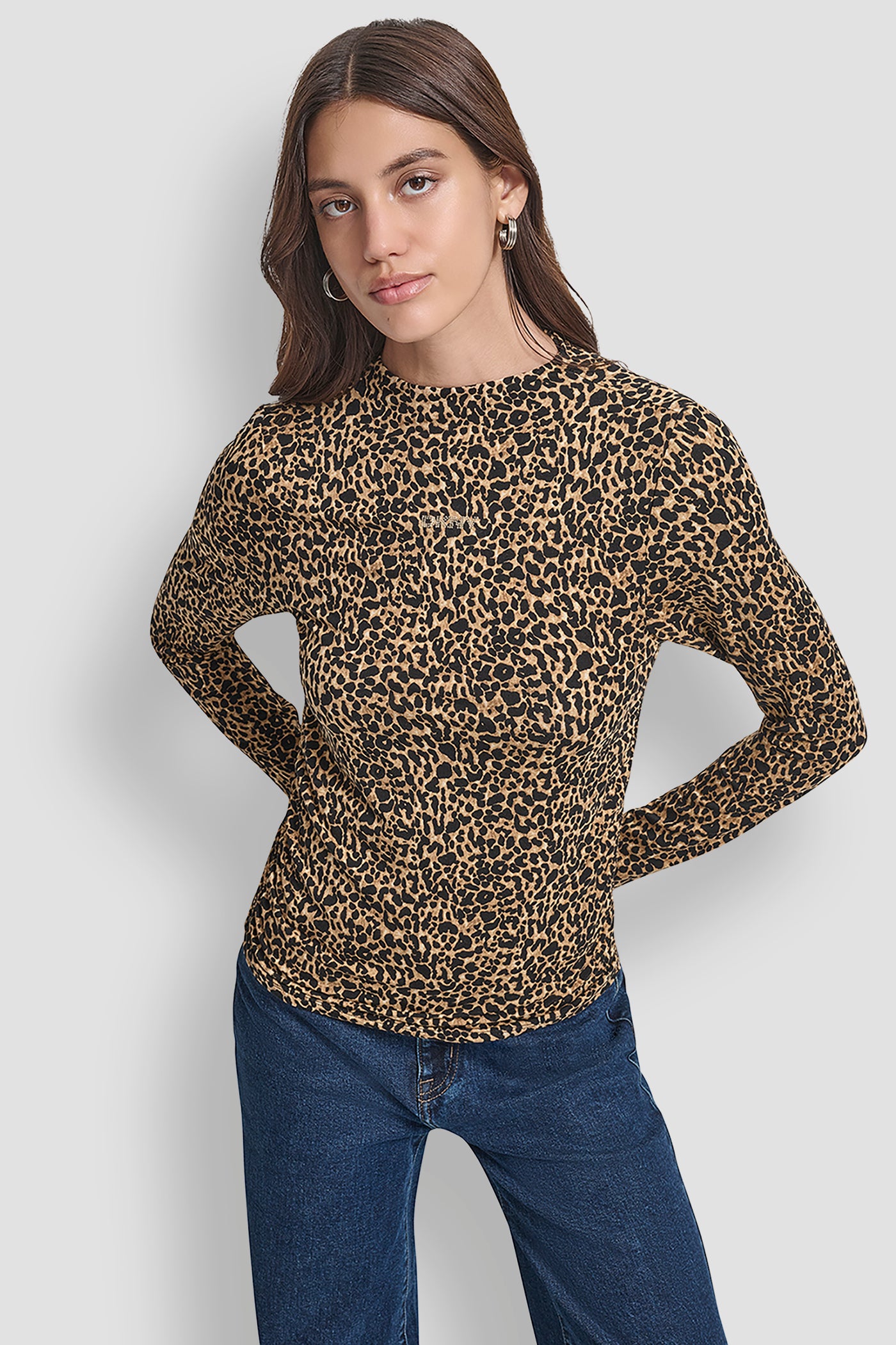 MINI LYNX/BURNT SUGAR/CHAMPAGNE SIDE RUCHED HIGH NECK LONG SLEEVE TOP WITH RHINESTONE, FRONT VIEW | New Arrivals