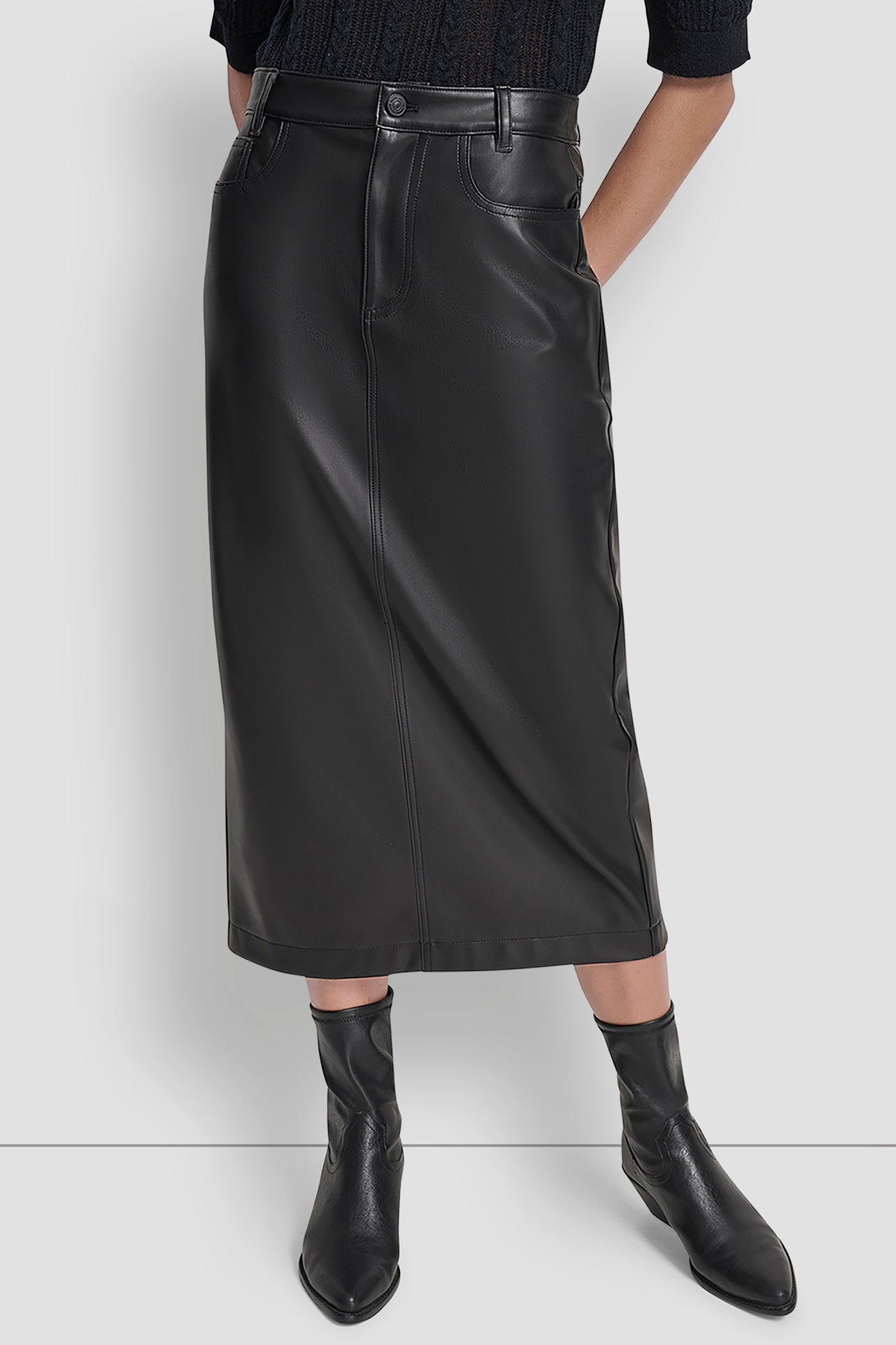 Black FAUX LEATHER MIDI COLUMN SKIRT, FRONT VIEW | DKNY Promo