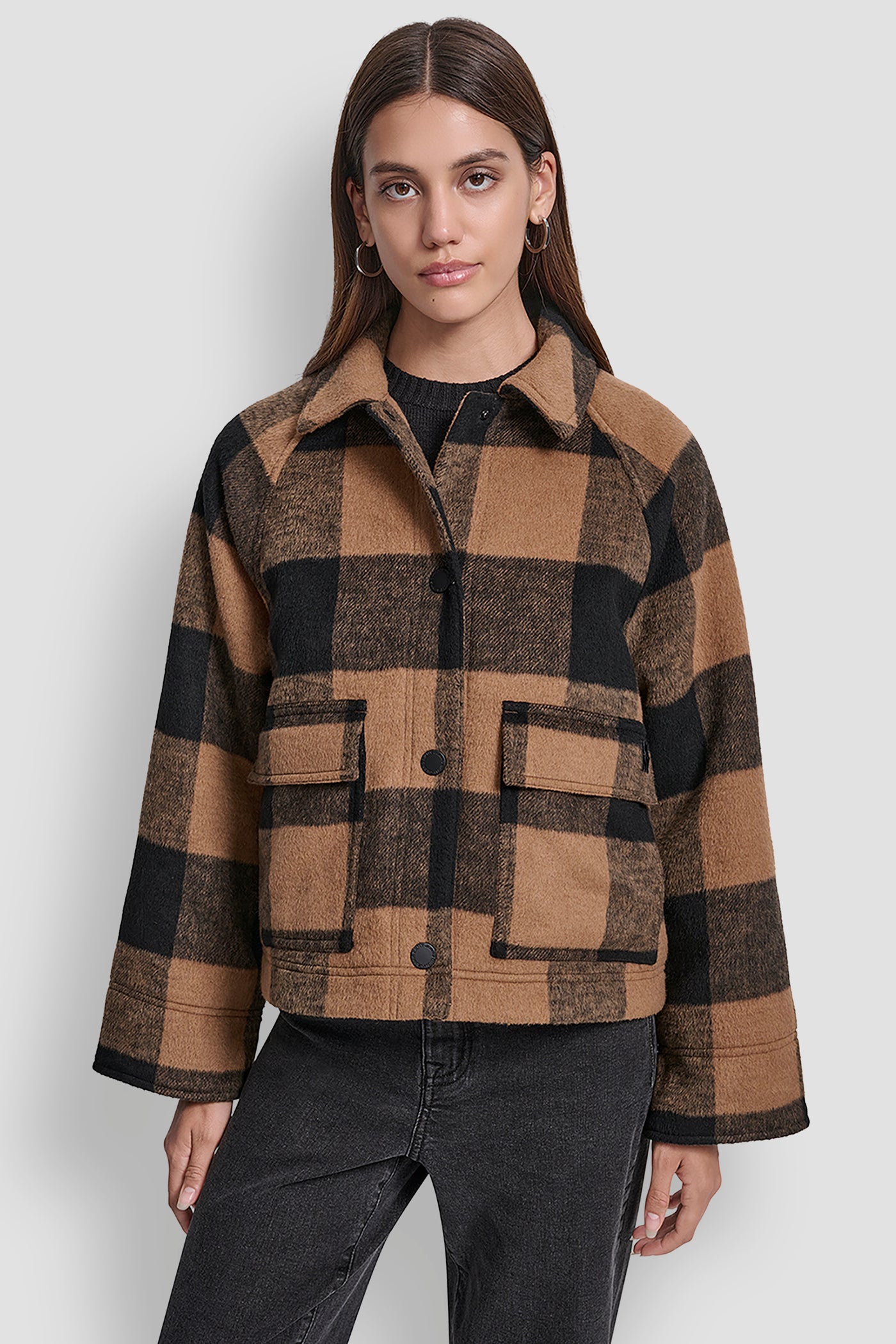 BLACK/BURNT SUGAR CHECK BUFFALO PLAID UTILITY JACKET, FRONT VIEW | DKNY JEANS