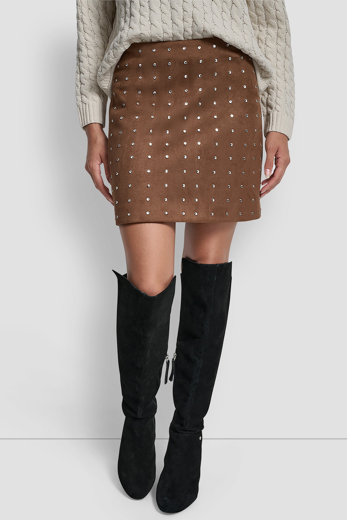 BURNT SUGAR FAUX SUEDE EMBELLISHED FAUX SUEDE MINI SKIRT, FRONT VIEW | Clothing