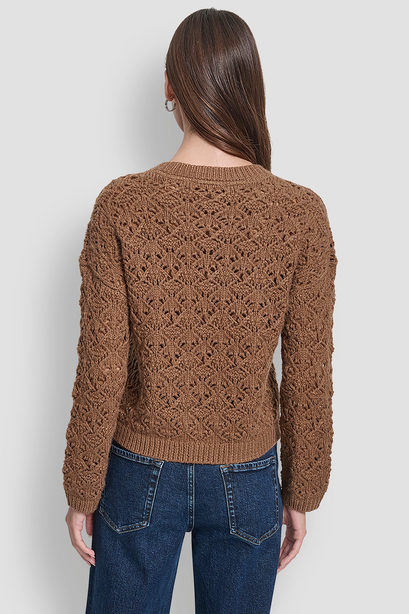 BURNT SUGAR POINTELLE STITCH LONG SLEEVE CREW NECK SWEATER, BACK VIEW | New Arrivals