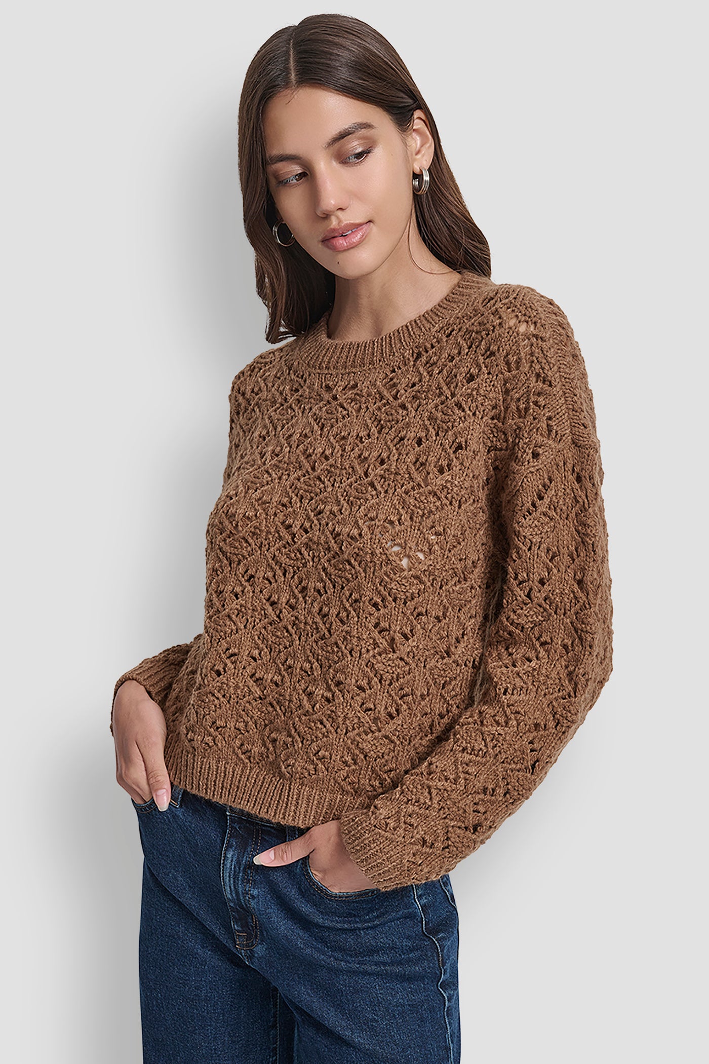 BURNT SUGAR POINTELLE STITCH LONG SLEEVE CREW NECK SWEATER, FRONT VIEW | New Arrivals