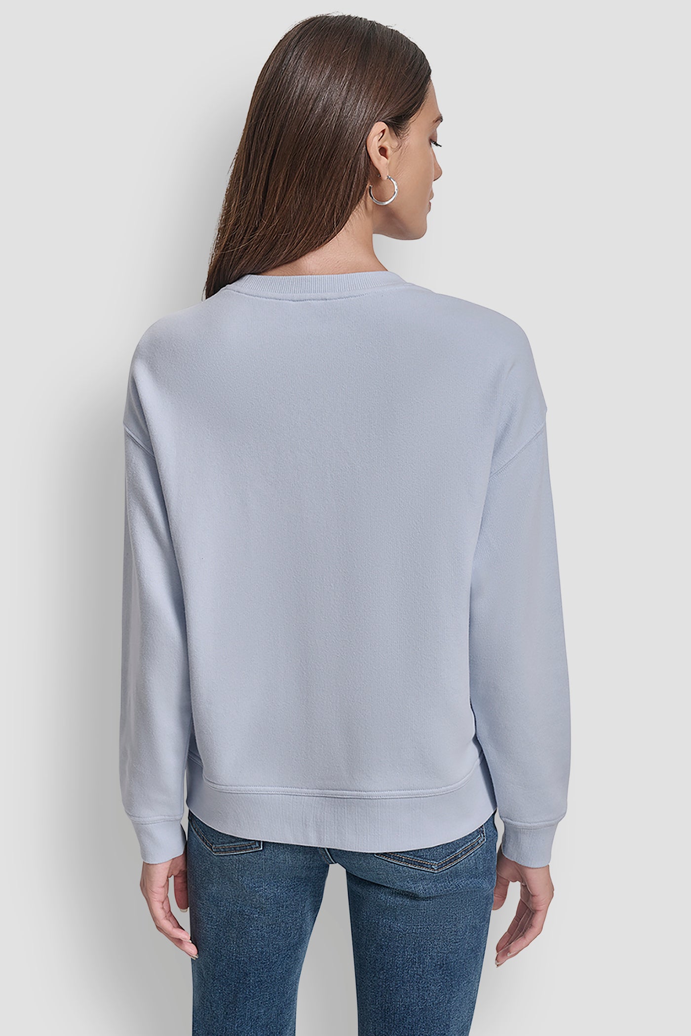 FROST BLUE/CLEAR SILVER DKNY STACKED METAL RIM RHINESTONE LOGO CREW NECK, BACK VIEW | DKNY Sport