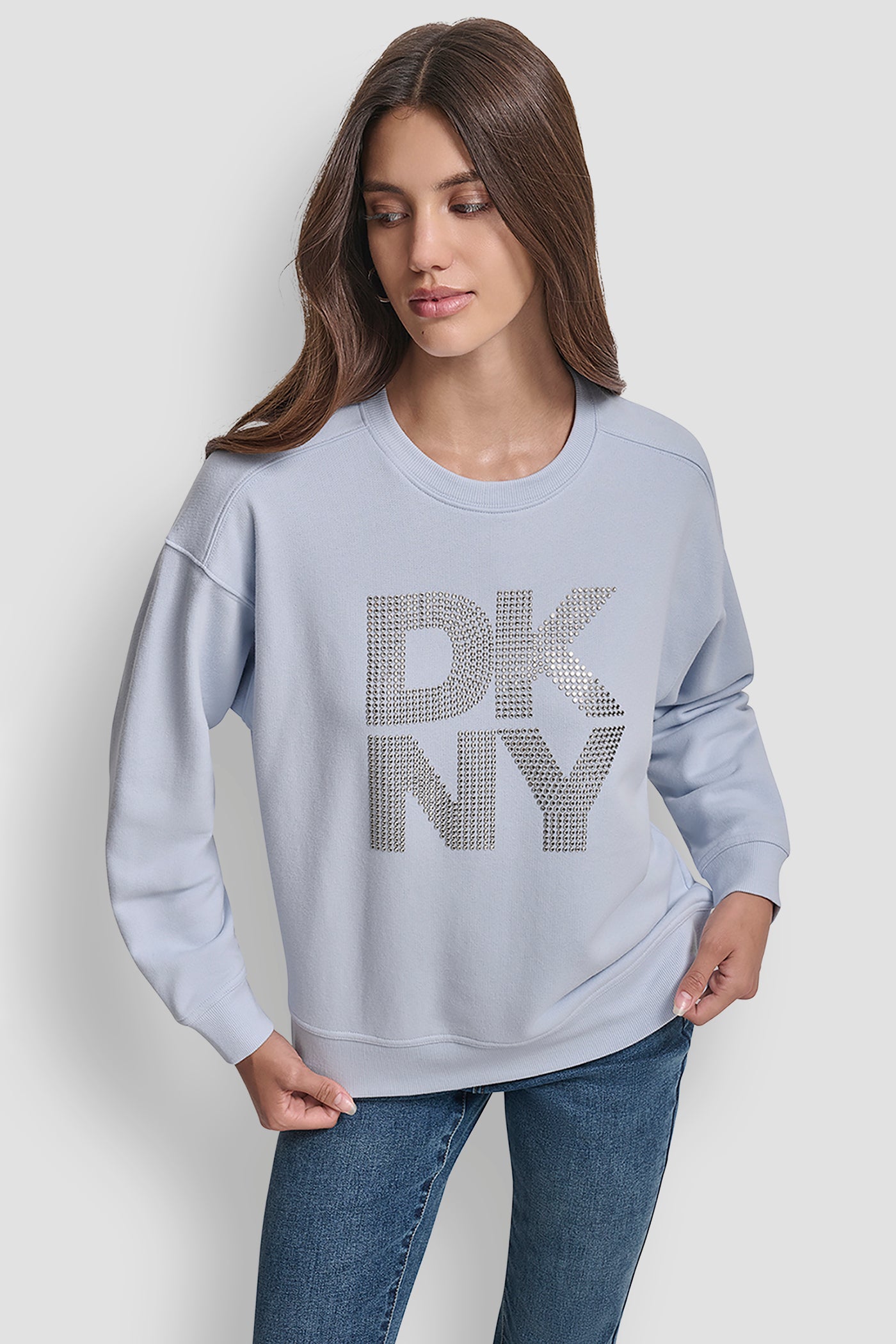 FROST BLUE/CLEAR SILVER DKNY STACKED METAL RIM RHINESTONE LOGO CREW NECK, FRONT VIEW | DKNY Sport