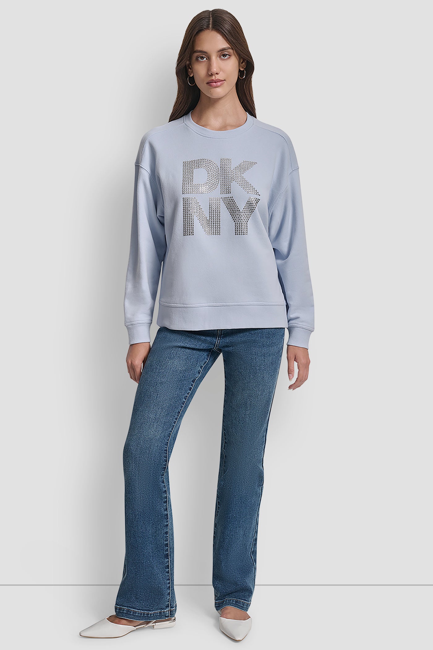 DKNY STACKED METAL RIM RHINESTONE LOGO CREW NECK VIEW 6 | New Arrivals