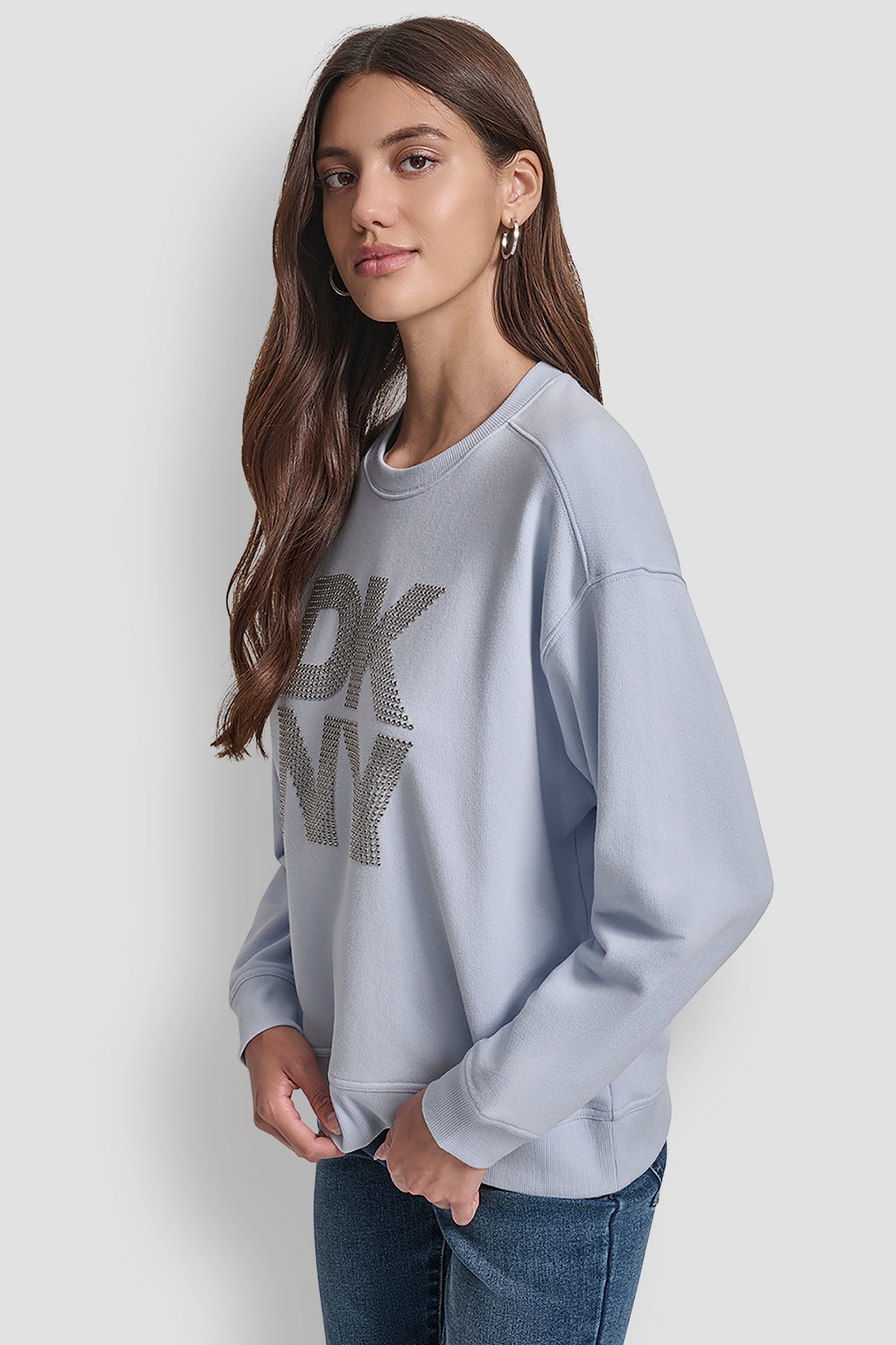 DKNY STACKED METAL RIM RHINESTONE LOGO CREW NECK VIEW 3 | New Arrivals