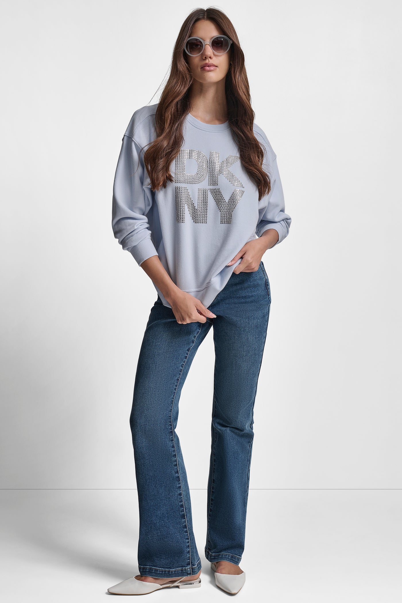 DKNY STACKED METAL RIM RHINESTONE LOGO CREW NECK VIEW 7 | New Arrivals