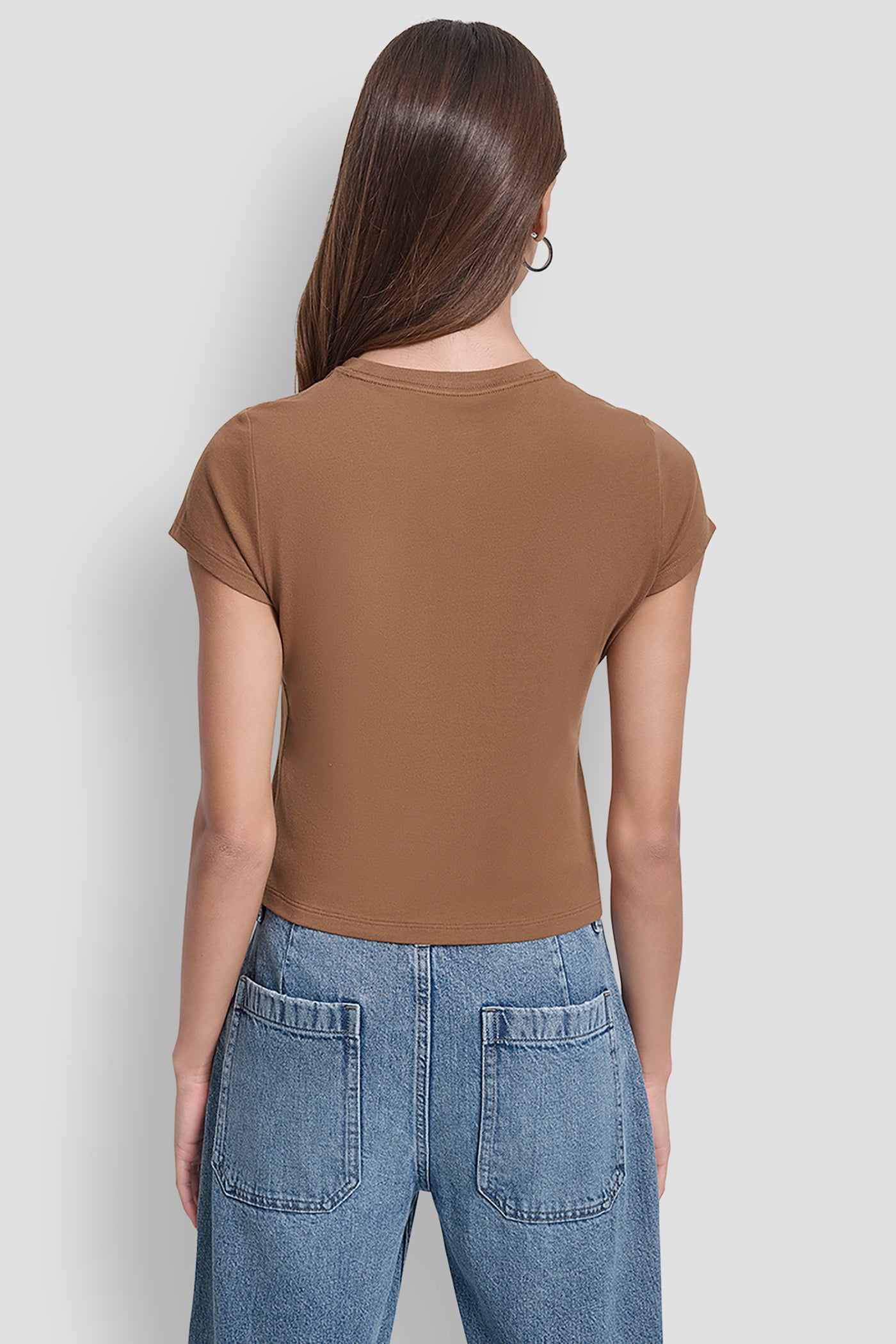 BURNT SUGAR/PEWTER SEQUIN DKNY JEANS FOIL TYPE LOGO FITTED BABY TEE, BACK VIEW | New Arrivals