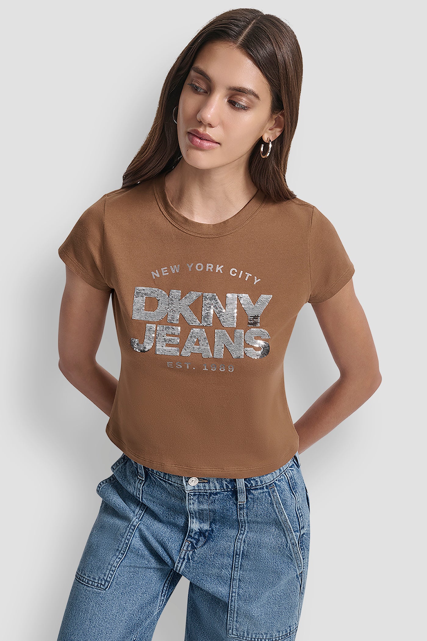 BURNT SUGAR/PEWTER SEQUIN DKNY JEANS FOIL TYPE LOGO FITTED BABY TEE, FRONT VIEW | New Arrivals
